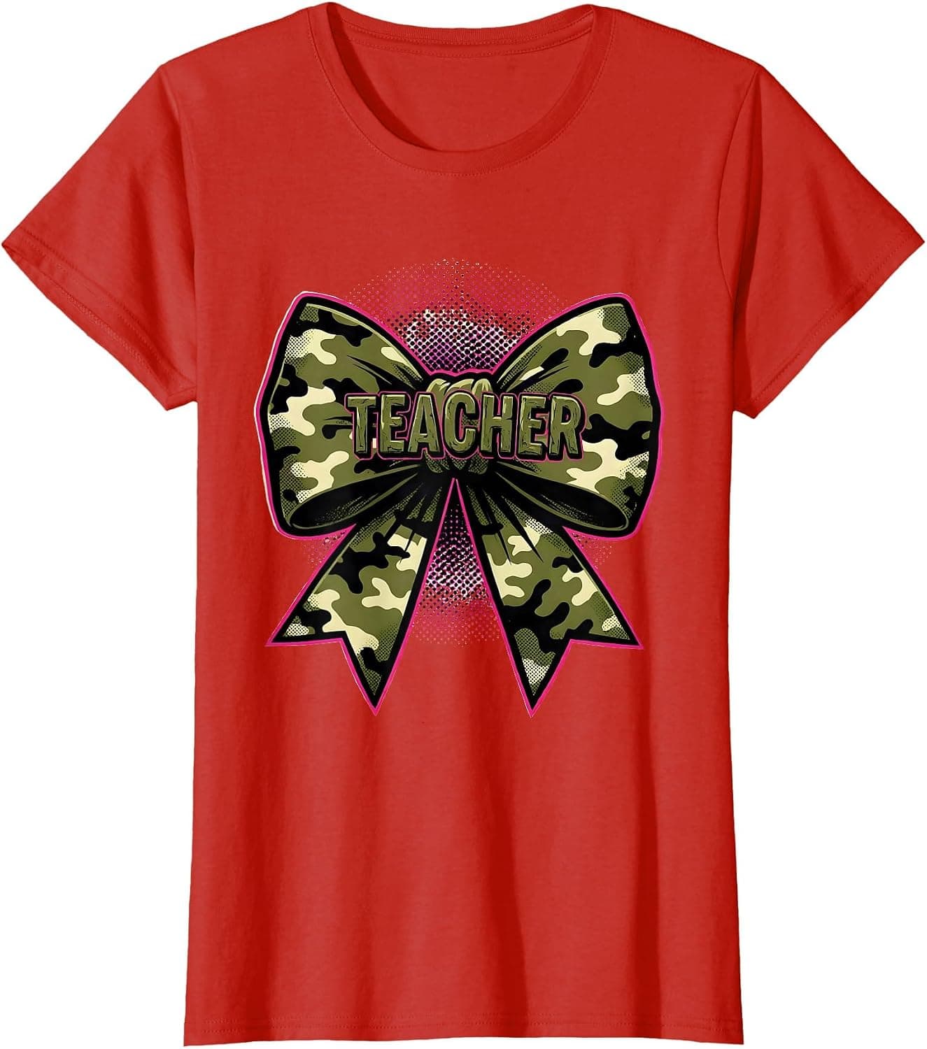 TEACHER Pop Art Camo Bow Teacher Gift Camo Coquette T-Shirt - Trending POD product with BSR 1,844,529