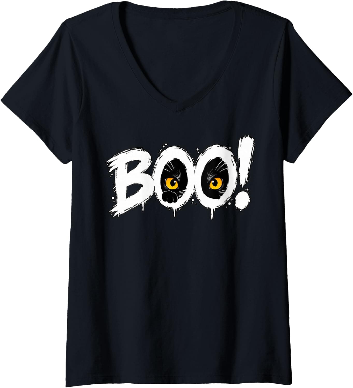 Women's Boo Black Cat Eyes Peeking Paw Pet Lover Halloween Costume V-Neck T-Shirt - Trending Amazon merch on demand shirt with BSR 1,016,464