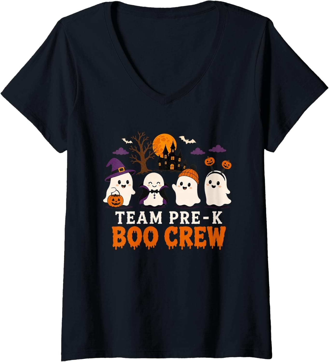 Women's Cute Ghost Team Pre-K Boo Crew Halloween Teacher Kids V-Neck T-Shirt - Trending Amazon merch on demand shirt with BSR 1,948,721