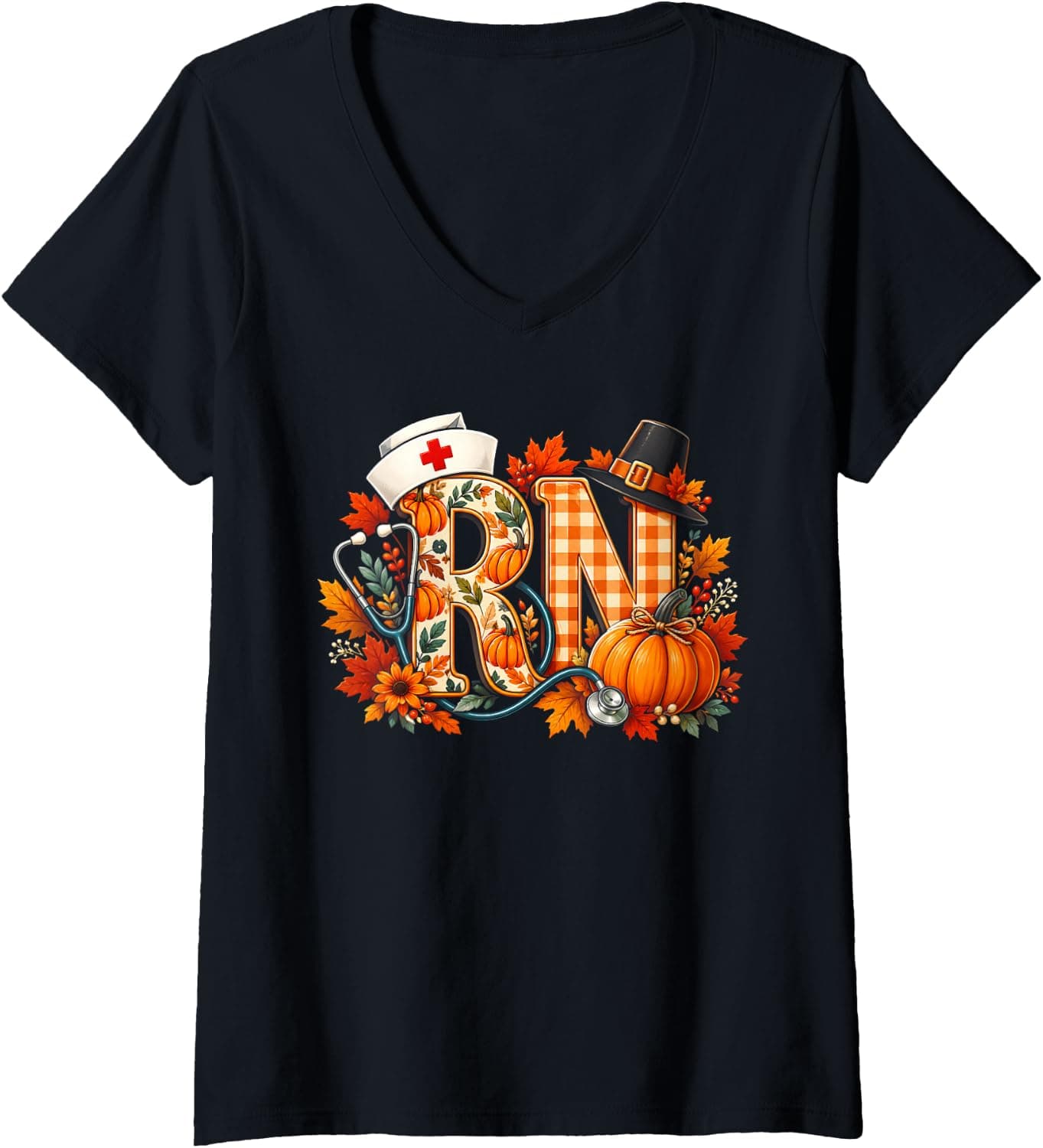 Women's RN Nurse Healthcare Pumpkin Turkey Fall Nursing Thanksgiving V-Neck T-Shirt - Trending Amazon merch on demand shirt with BSR 1,028,834