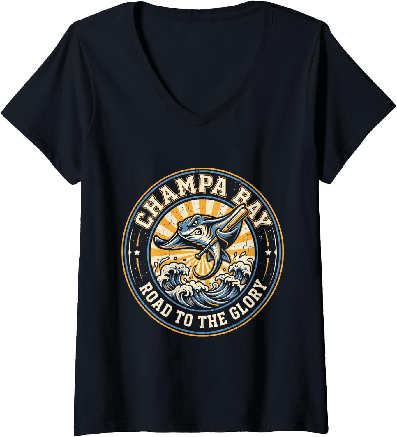 Women's Vintage Stingray Road to The Glory Retro Champa Bay Baseball V-Neck T-Shirt - Trending POD product with BSR 1,587,764