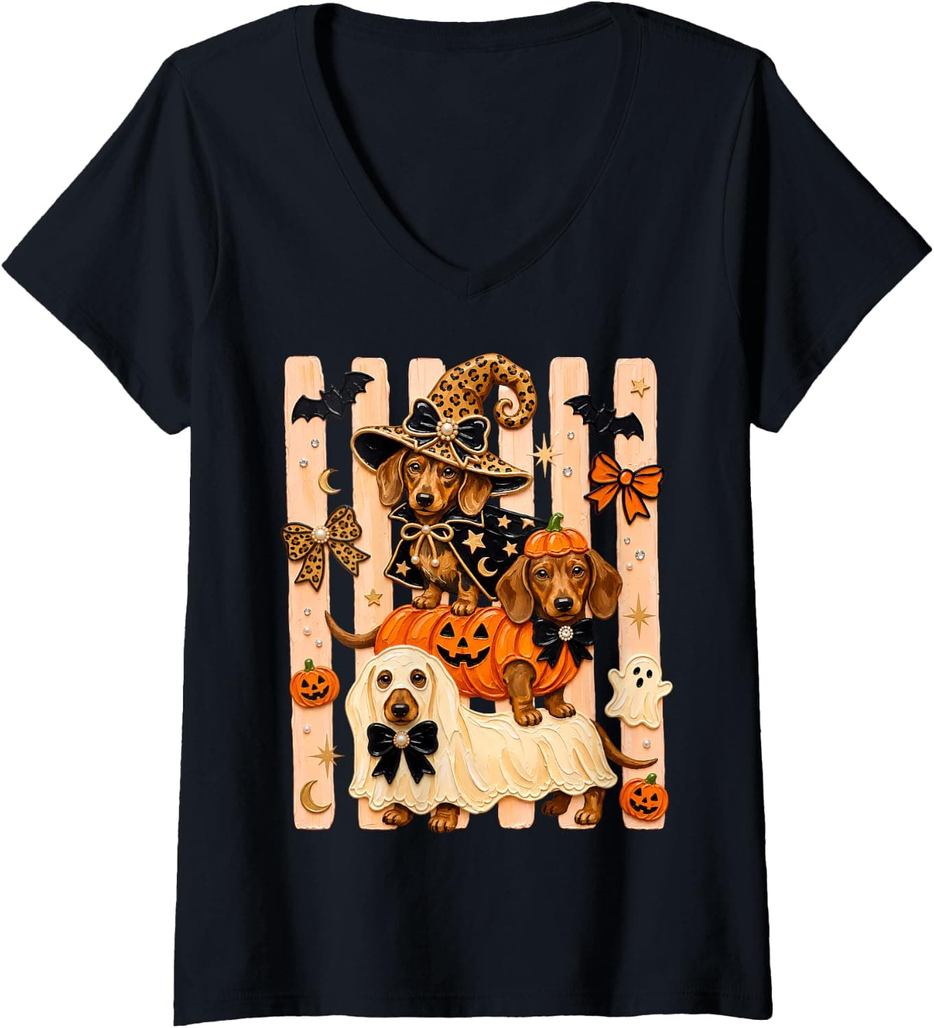 Women's Dachshund Halloween Witch Pumpkin Ghost Costume V-Neck T-Shirt - Trending Amazon merch on demand shirt with BSR 1,719,120