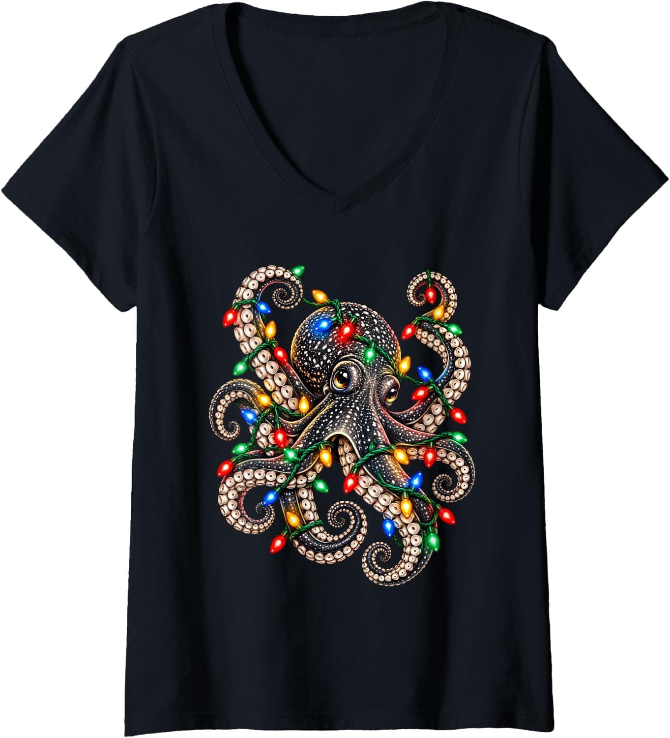 Women's Funny Cool Christmas Octopus Holiday Lights Ocean Gift V-Neck T-Shirt - Trending Amazon merch on demand shirt with BSR 1,502,029