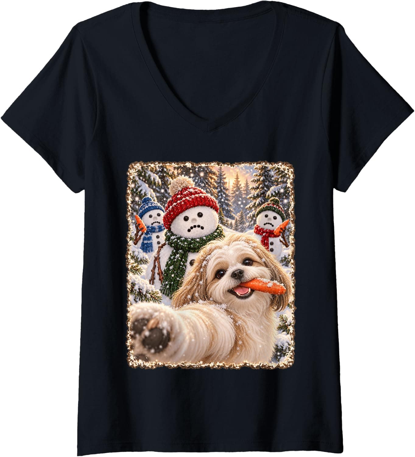 Women's Funny Shih Tzu Cheerful Christmas Snowman Selfie V-Neck T-Shirt - Trending Amazon merch on demand shirt with BSR 1,725,745