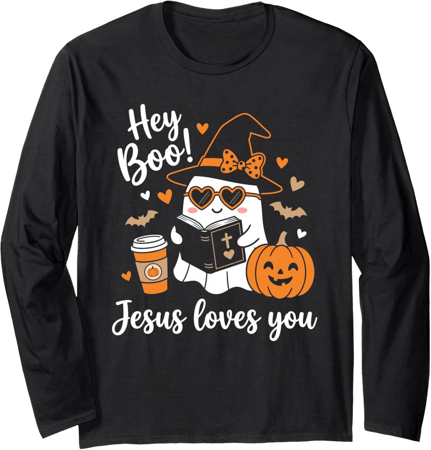 Hey Boo Jesus Loves You Halloween Christian Ghost Faith Long Sleeve T-Shirt - Trending Amazon merch on demand shirt with BSR 1,478,879