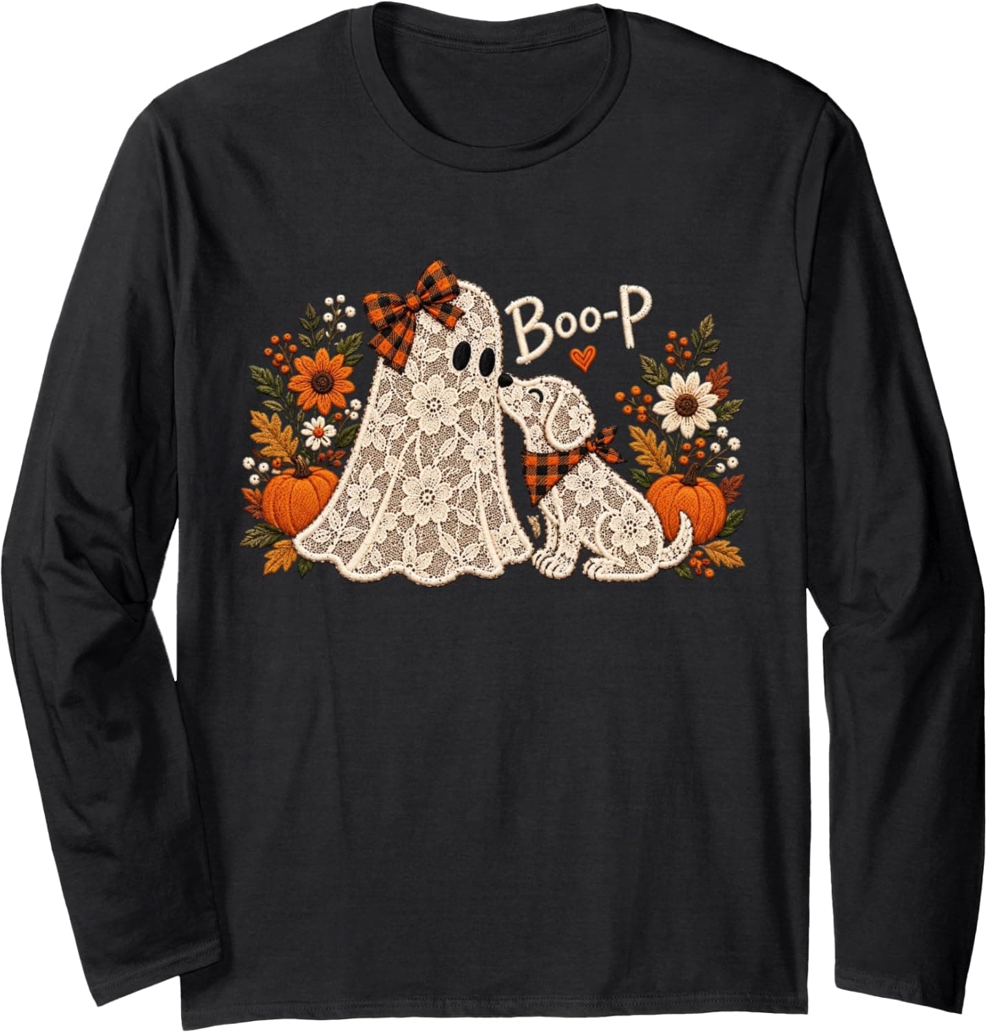 Boo-P Floral Ghost and Dog Halloween Boop Humor Design Long Sleeve T-Shirt - Trending Amazon merch on demand shirt with BSR 1,305,424