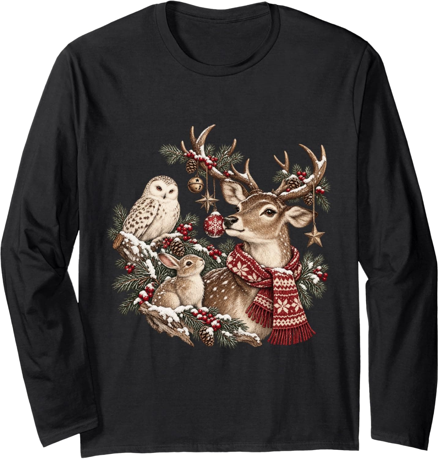Funny Christmas Deer Owl Rabbit Nordic Winter Wonderland Long Sleeve T-Shirt - Trending Amazon merch on demand shirt with BSR 1,497,532
