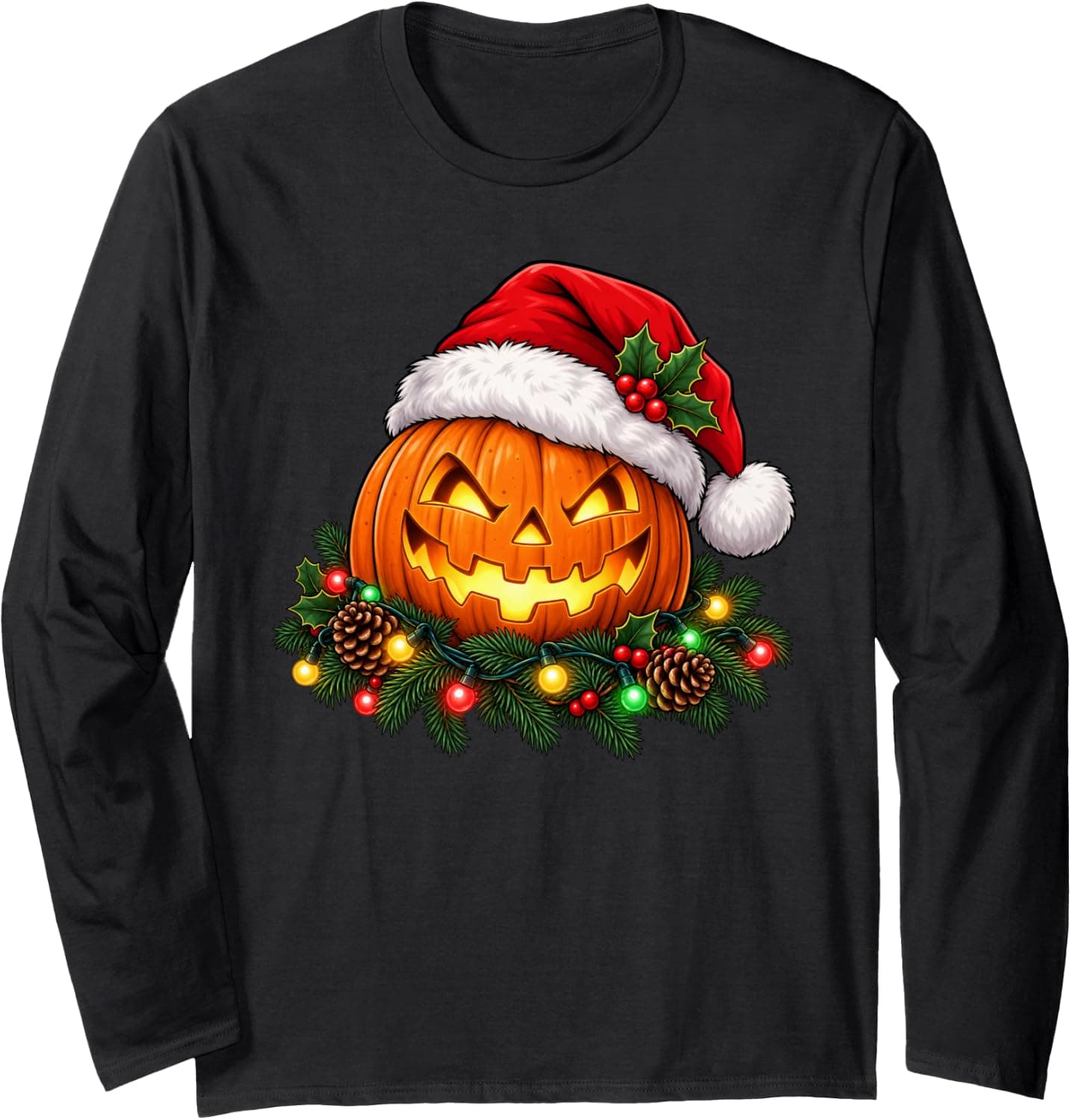 Jack O Lantern Pumpkin Halloween Christmas Santa Hat Long Sleeve T-Shirt - Trending Amazon merch on demand shirt with BSR 1,014,809