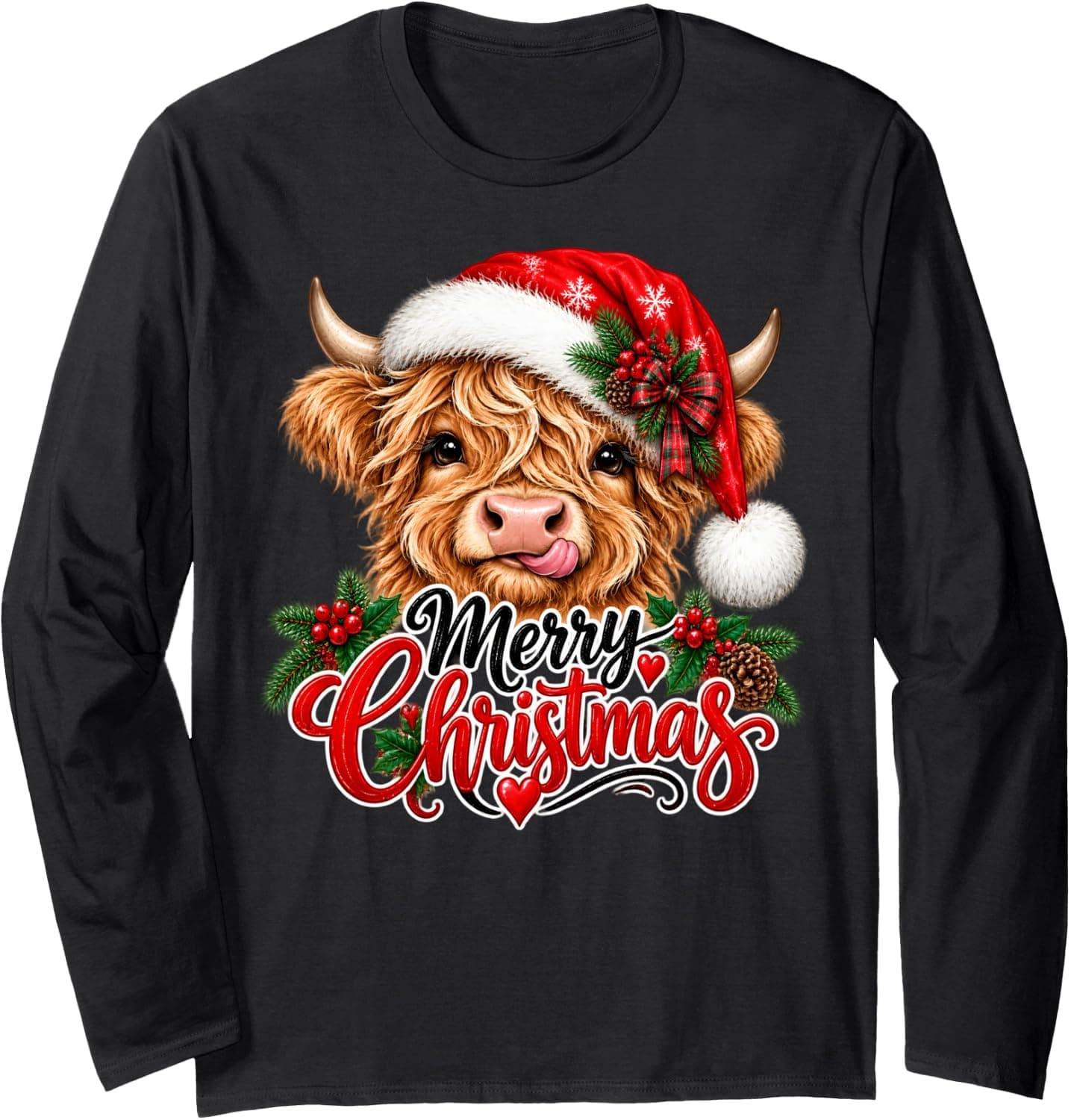 Merry Christmas Highland Cow Santa Hat Xmas Farmer Cow Lover Long Sleeve T-Shirt - Trending POD product with BSR 1,984,552
