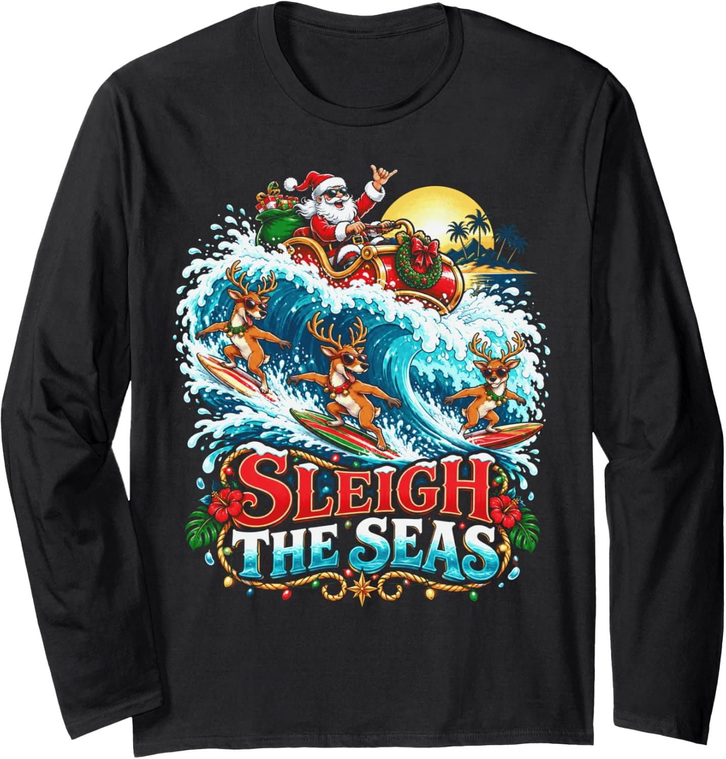 Christmas Cruise Sleigh The Seas Santa Surfing Reindeer Long Sleeve T-Shirt - Trending Amazon merch on demand shirt with BSR 1,514,210