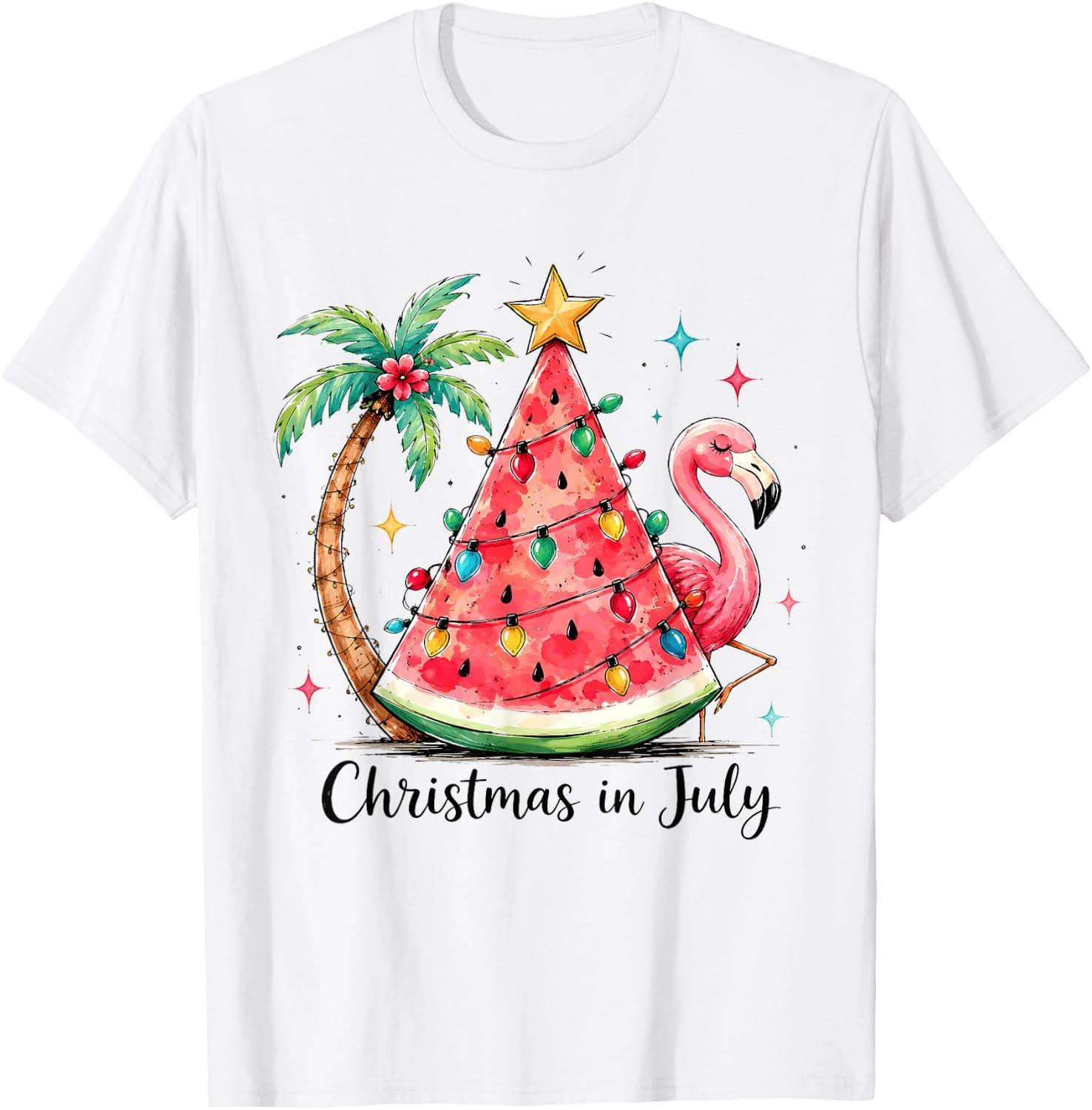 Christmas in July Watermelon Tree Flamingo Palm Tropical T-Shirt - Trending POD product with BSR 243,702