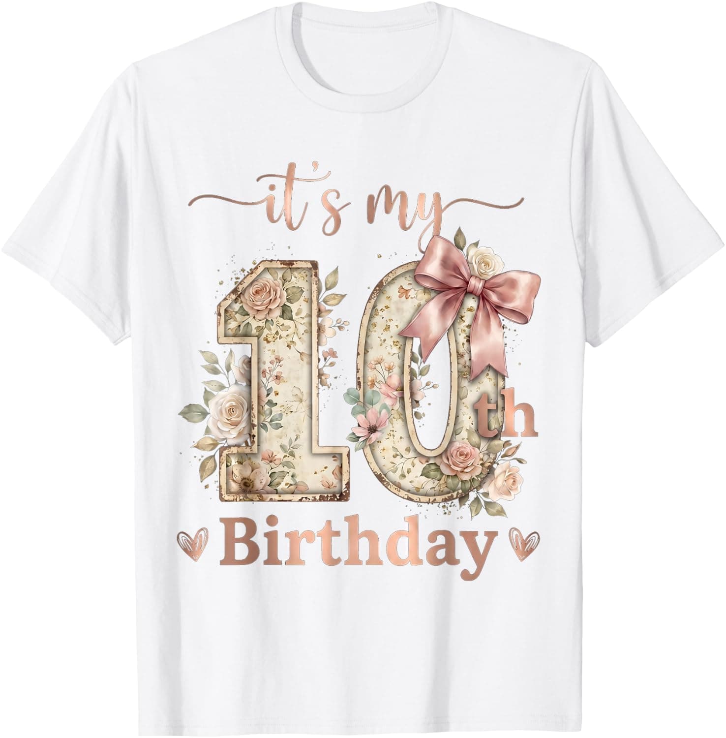 It's My 10th Birthday Floral Rose Pink Bow 10 Year Old Girl T-Shirt - Trending Amazon merch on demand shirt with BSR 1,248,024
