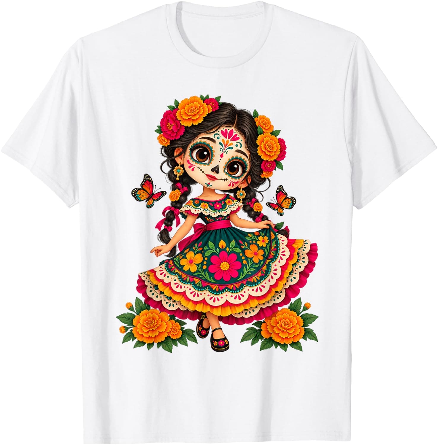 Cute Catrina Girl Day of the Dead Floral Women Girls Kids T-Shirt - Trending Amazon merch on demand shirt with BSR 1,348,378