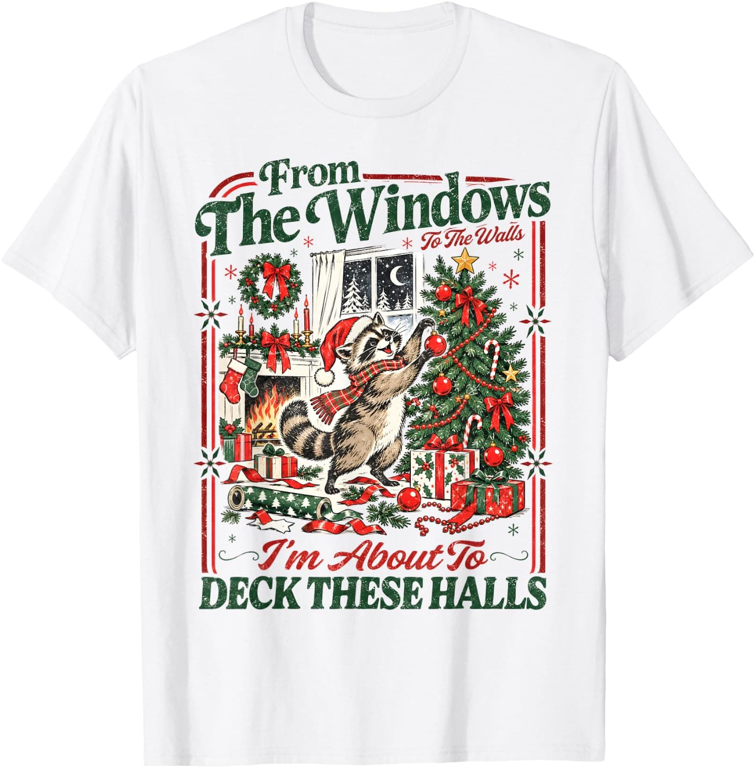 from The Windows to Walls Funny Christmas Raccoon Xmas Tree T-Shirt - Trending Amazon merch on demand shirt with BSR 2,438,000