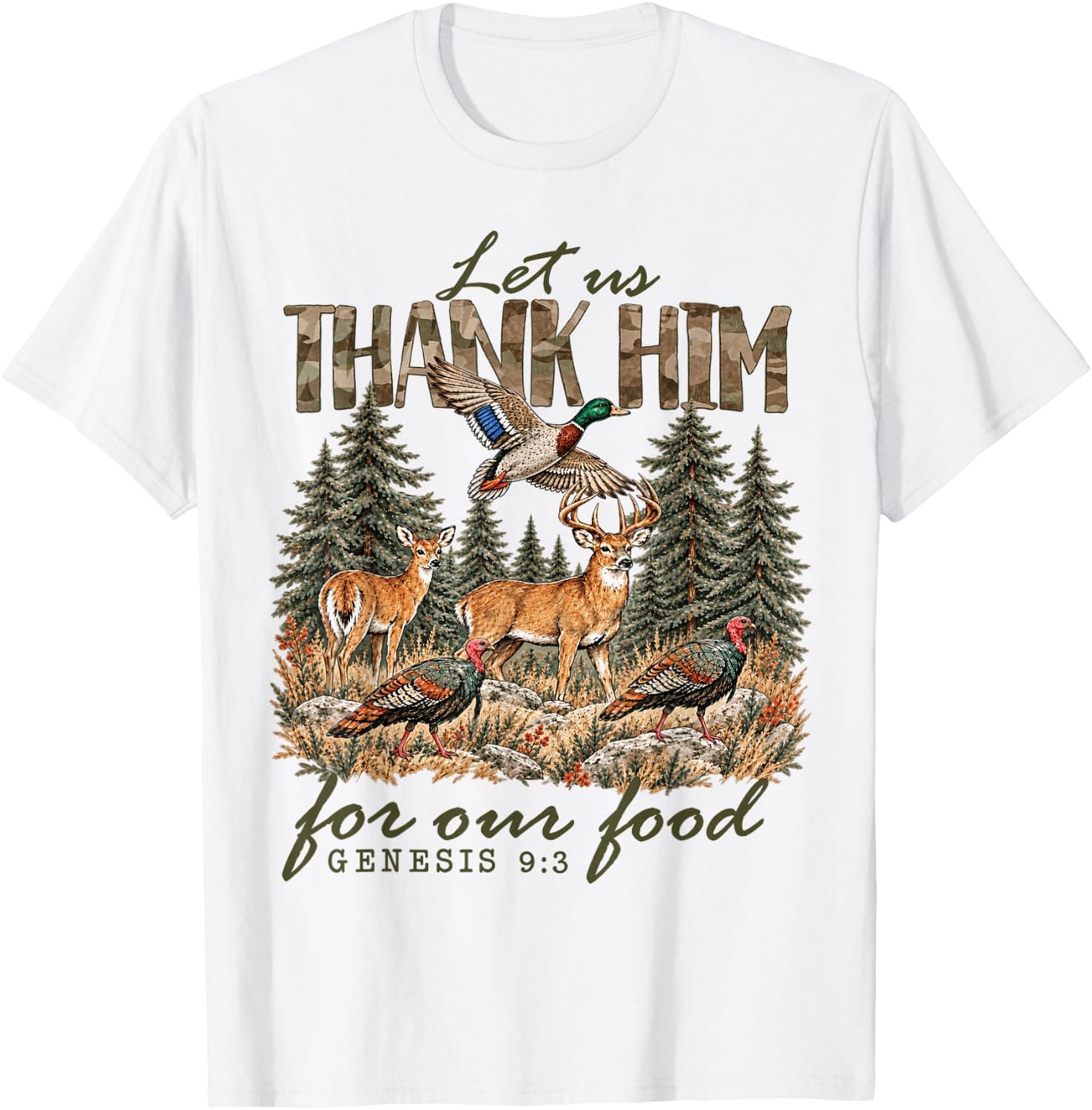Let Us Thank Him for Our Food Turkey Thanksgiving Autumn T-Shirt - Trending Amazon merch on demand shirt with BSR 1,328,624