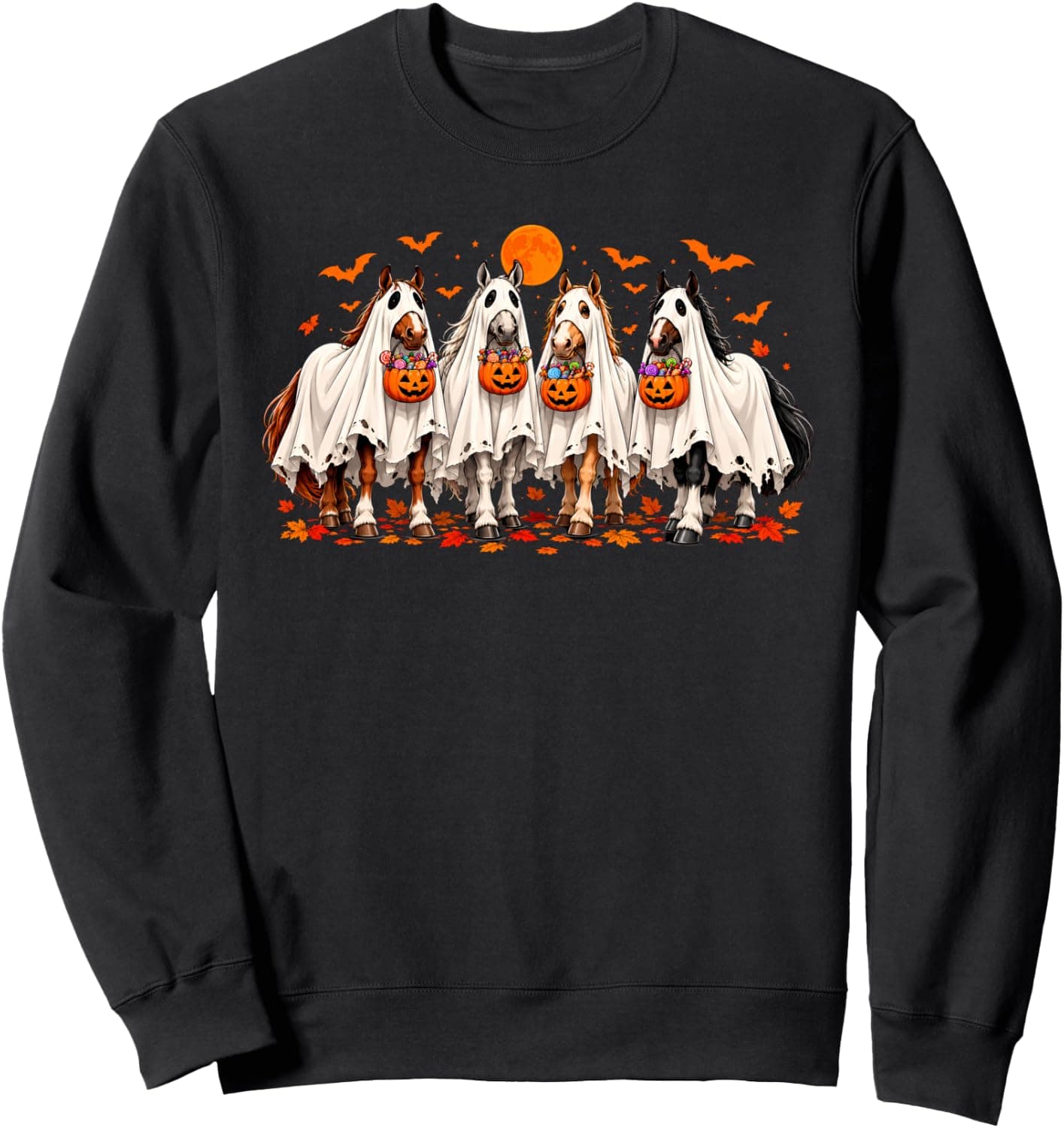 Spooky Horse Ghost Pumpkin Candy Costume Halloween Season Sweatshirt - Trending POD product with BSR 968,788