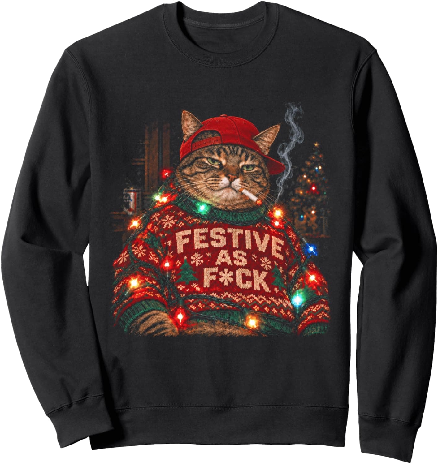 Retro Funny Black Cat Smoking Festive As FCK Meme Christmas Sweatshirt - Trending POD product with BSR 947,550