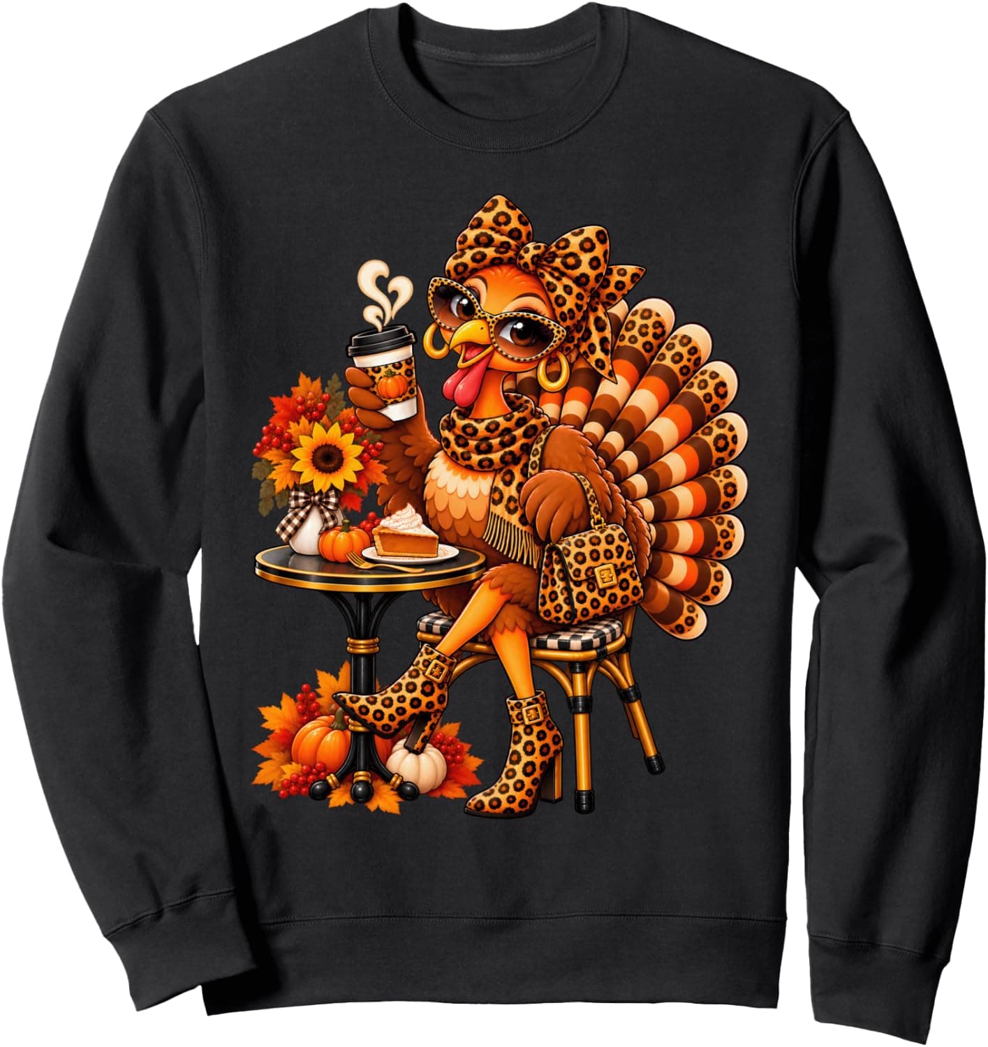 Leopard Turkey Drinking Coffee Lover Women Thanksgiving Sweatshirt - Trending Amazon merch on demand shirt with BSR 1,311,294