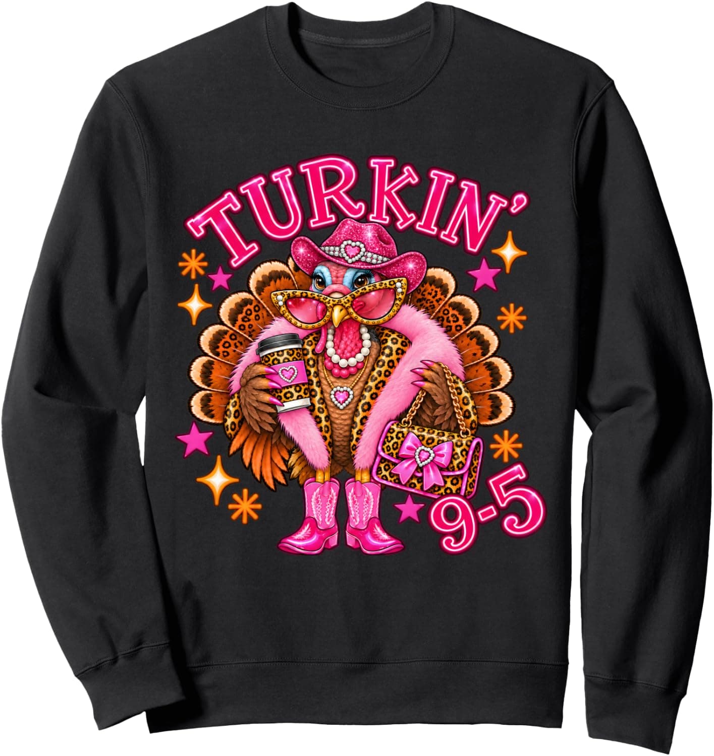 Turkin 9 to 5 Leopard Print Turkey Pink Cowgirl Boots Sweatshirt - Trending Amazon merch on demand shirt with BSR 2,844,312