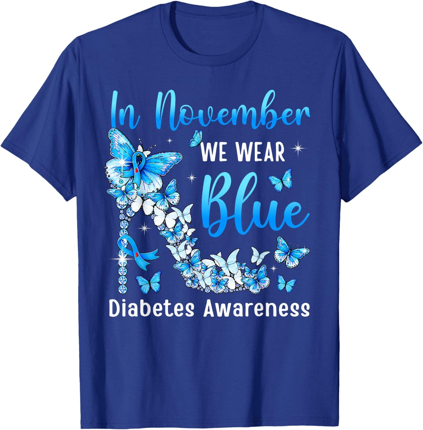 in November We Wear Blue Butterflies Diabetes Awareness T-Shirt - Trending Amazon merch on demand shirt with BSR 712,256