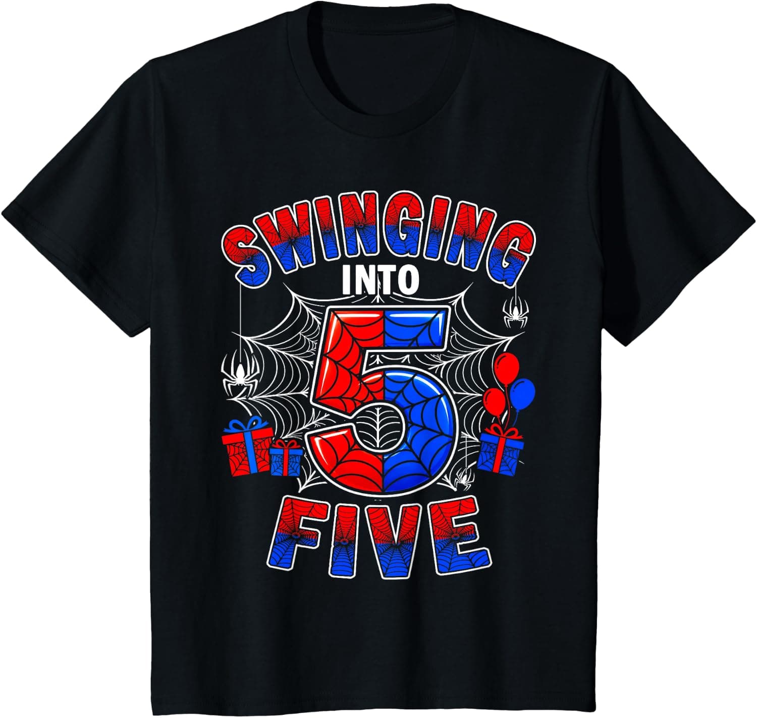 Kids Swinging Into Five 5th Birthday Spiders 5 Year Old Boys T-Shirt - Trending POD product with BSR 391,053