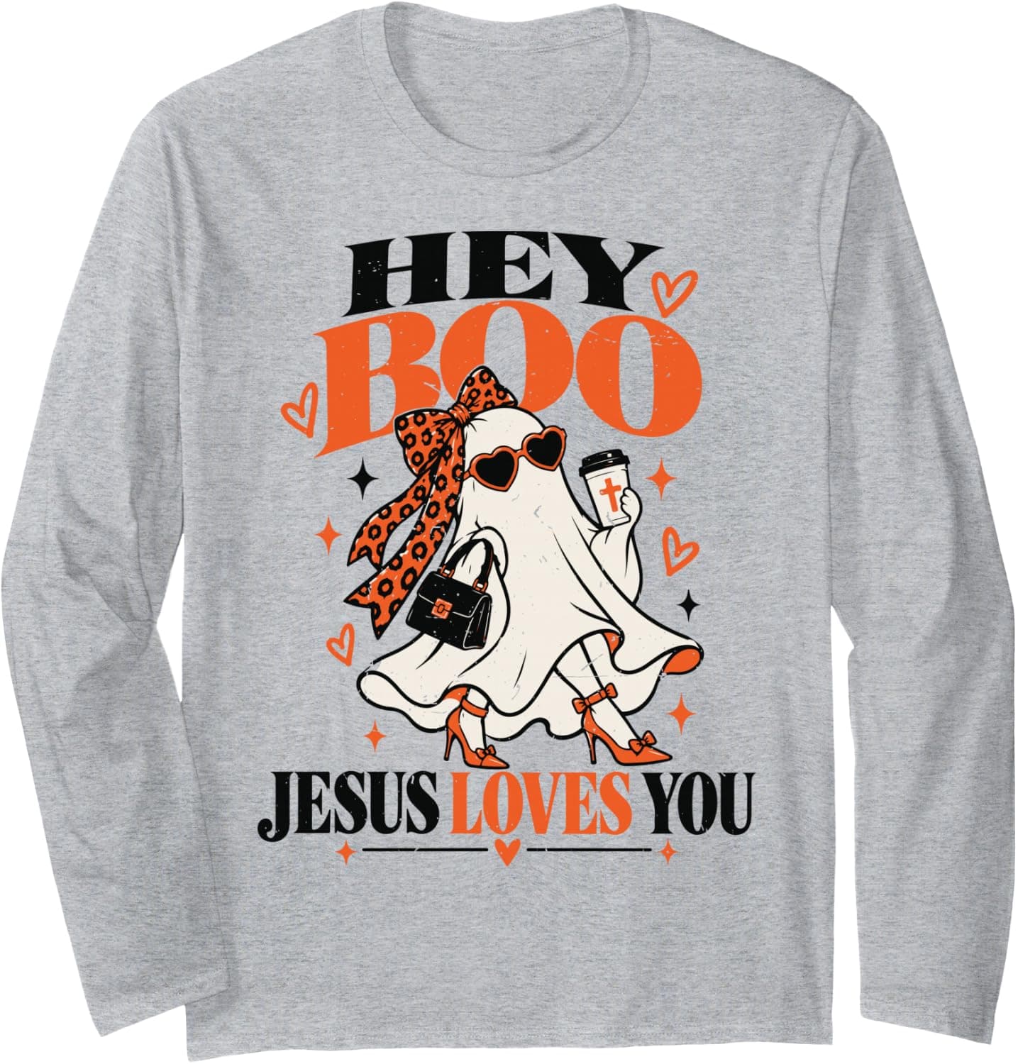 Women Christian Halloween Jesus Loves You Hey Boo Holy Ghost Long Sleeve T-Shirt - Trending Amazon merch on demand shirt with BSR 1,600,300