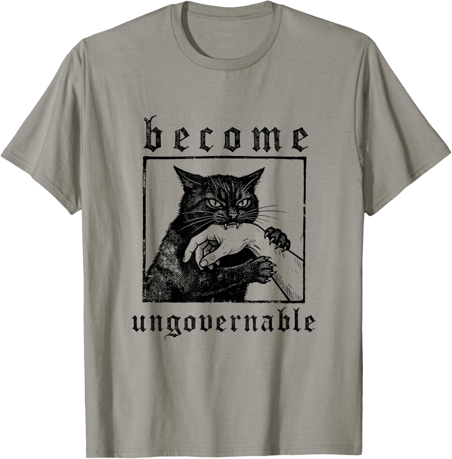 Become Ungovernable Funny Rebellious Black-Cat Biting Hand T-Shirt - Trending Amazon merch on demand shirt with BSR 1,062,778