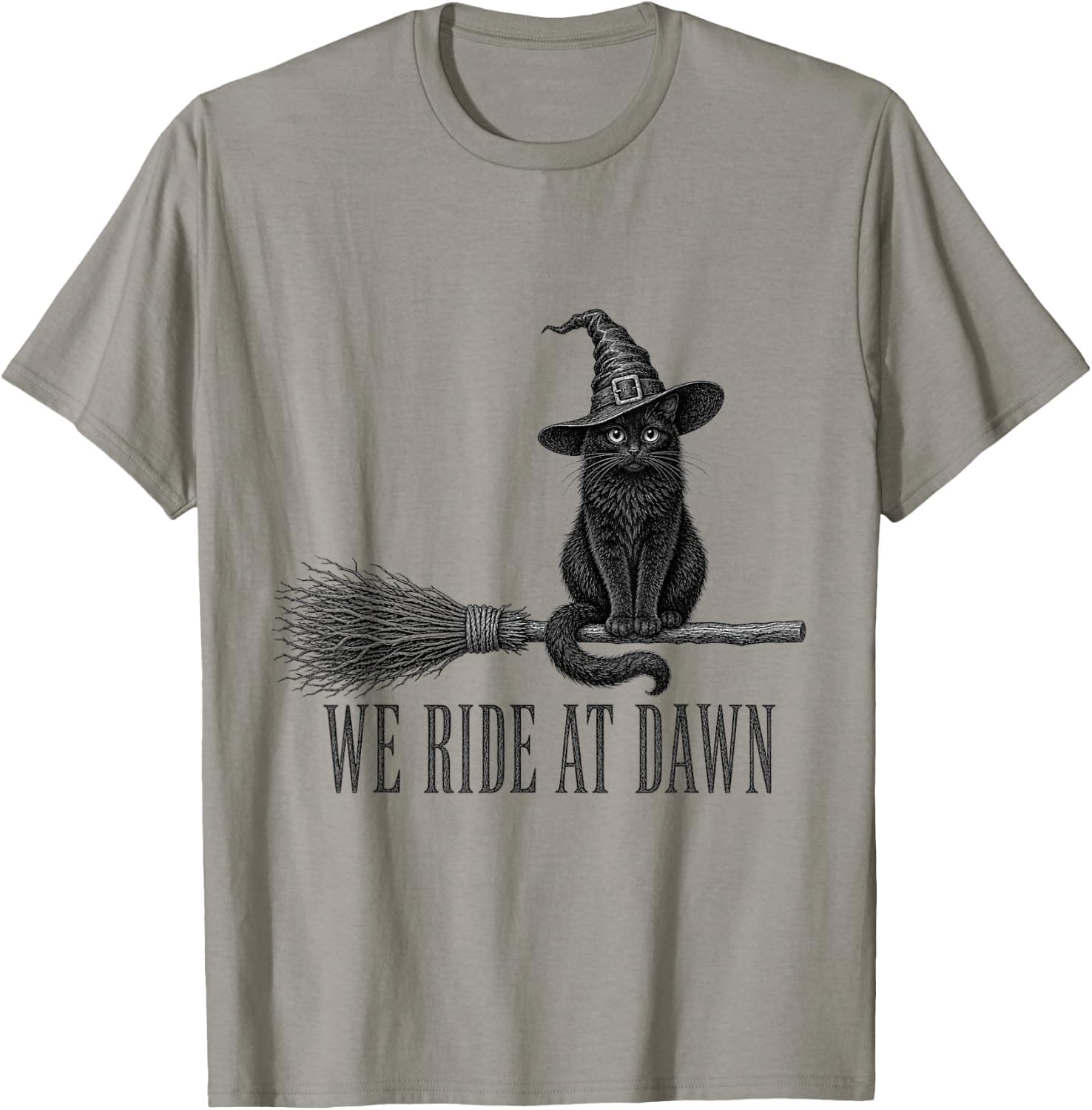 We Ride At Dawn Black Cat Witch Halloween Witchy Broomstick T-Shirt - Trending Amazon merch on demand shirt with BSR 658,622