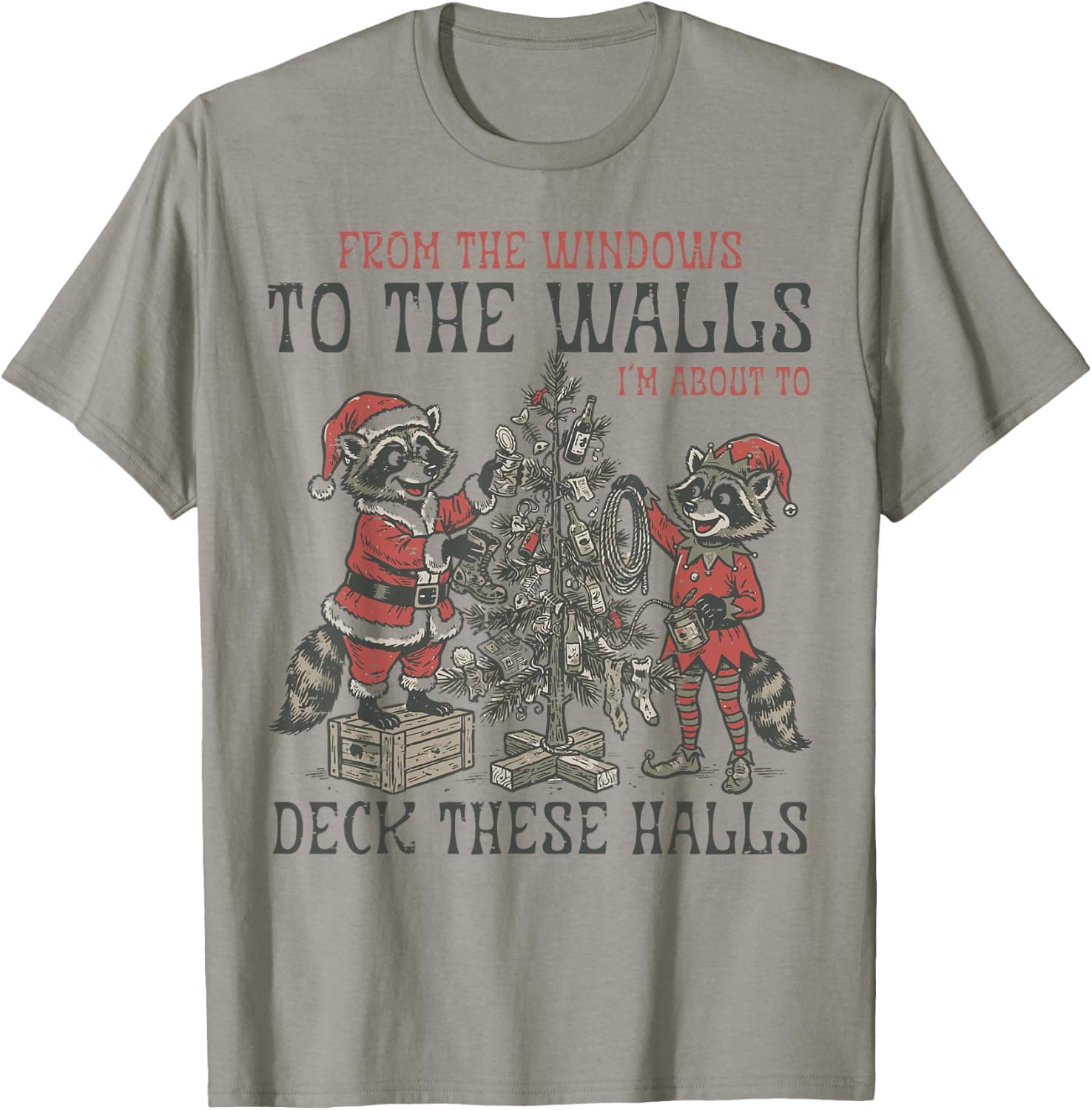 Raccoon Windows to Walls Deck Halls Christmas Men Women Kids T-Shirt - Trending Amazon merch on demand shirt with BSR 1,501,930