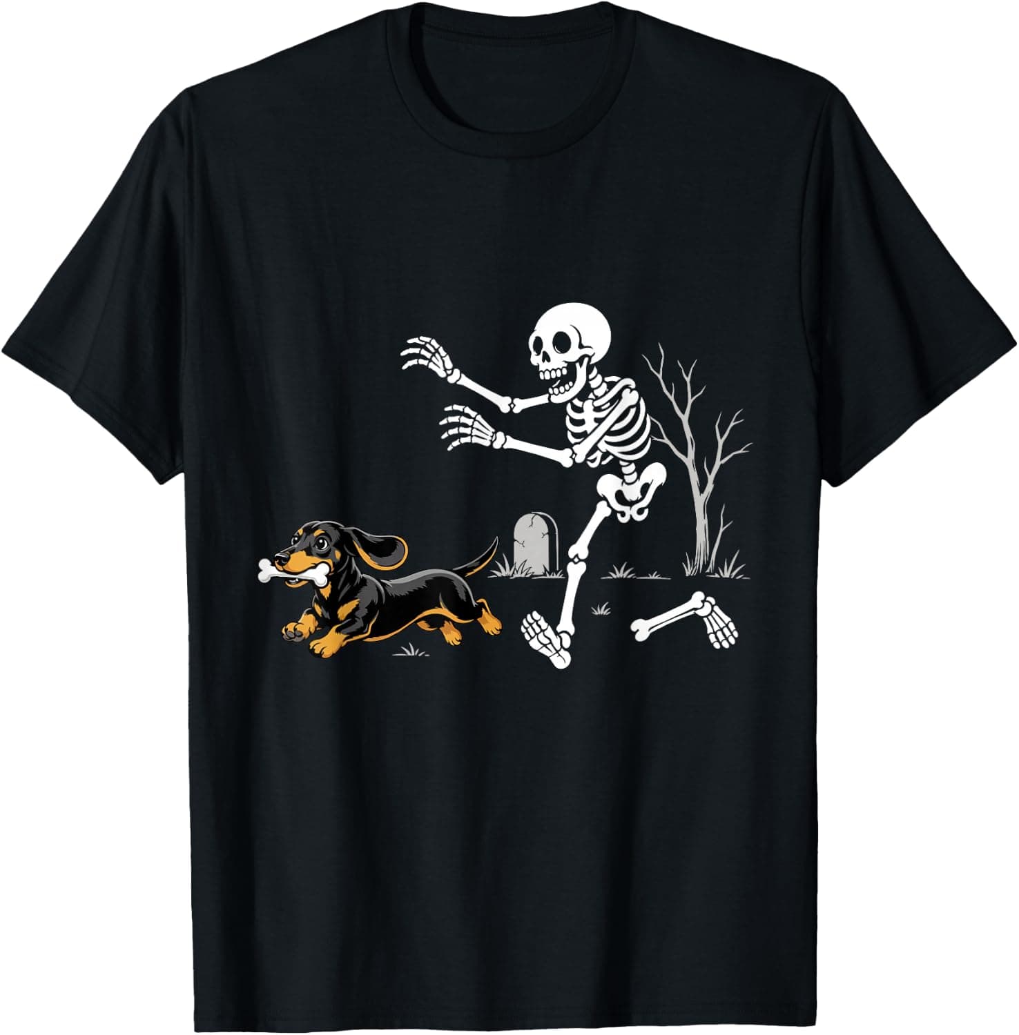 Funny Dachshund Dog Chasing Skeleton Halloween Spooky Night T-Shirt - Trending Amazon merch on demand shirt with BSR 1,449,347