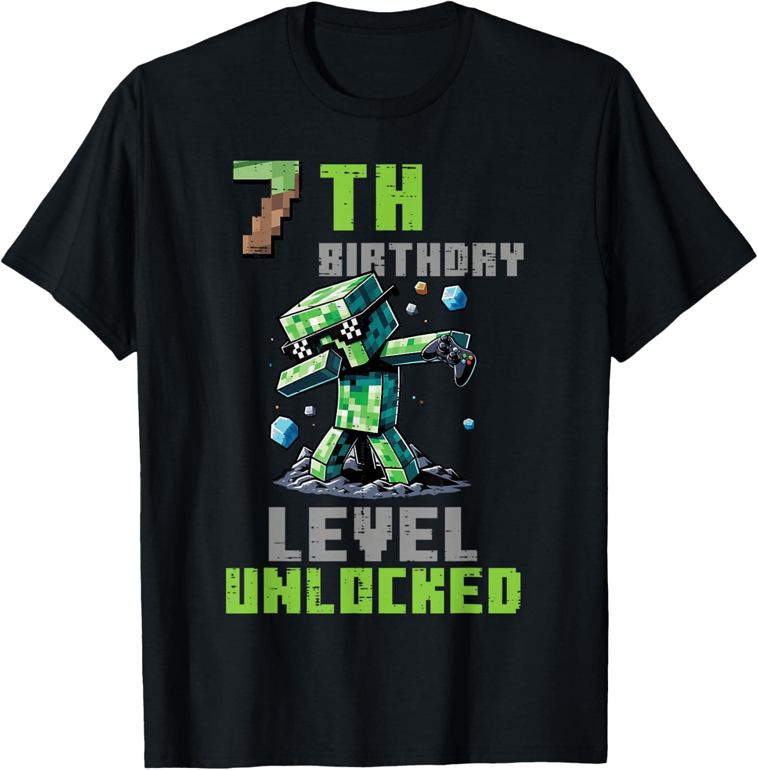 7th Birthday Level Unlocked Pixel Dab 7 Bday Gamer Boys Kids T-Shirt - Trending POD product with BSR 116,636