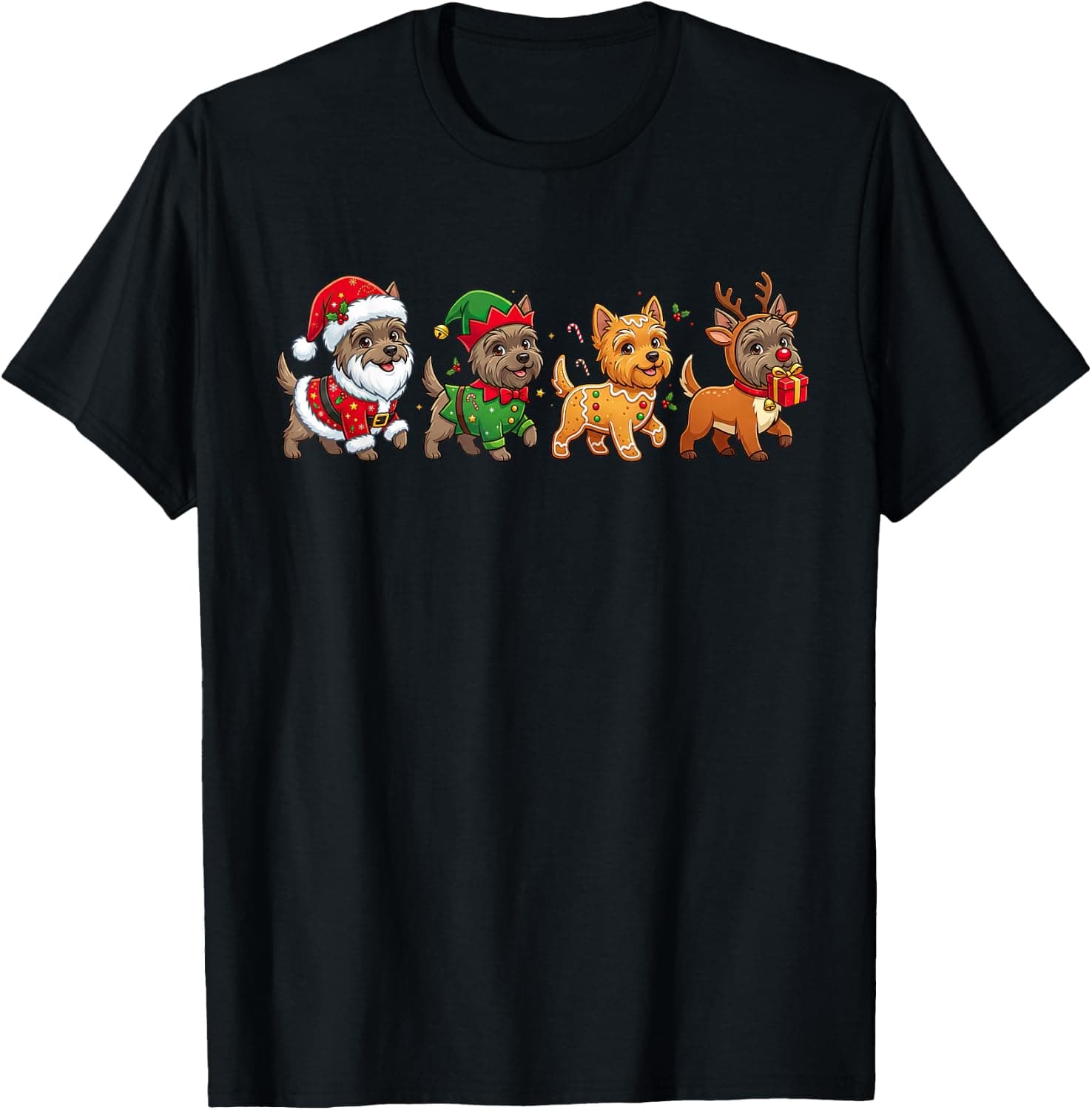 Christmas Cairn Terrier Santa Elf Gingerbread Womens Mens T-Shirt - Trending Amazon merch on demand shirt with BSR 1,582,308