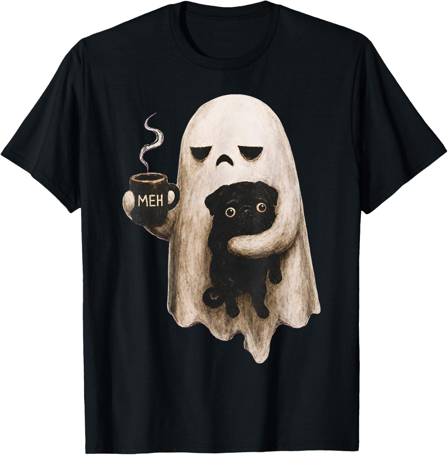 Grumpy Ghost Holding Black Pug Dog Meh Coffee Cup Halloween T-Shirt - Trending POD product with BSR 149,392