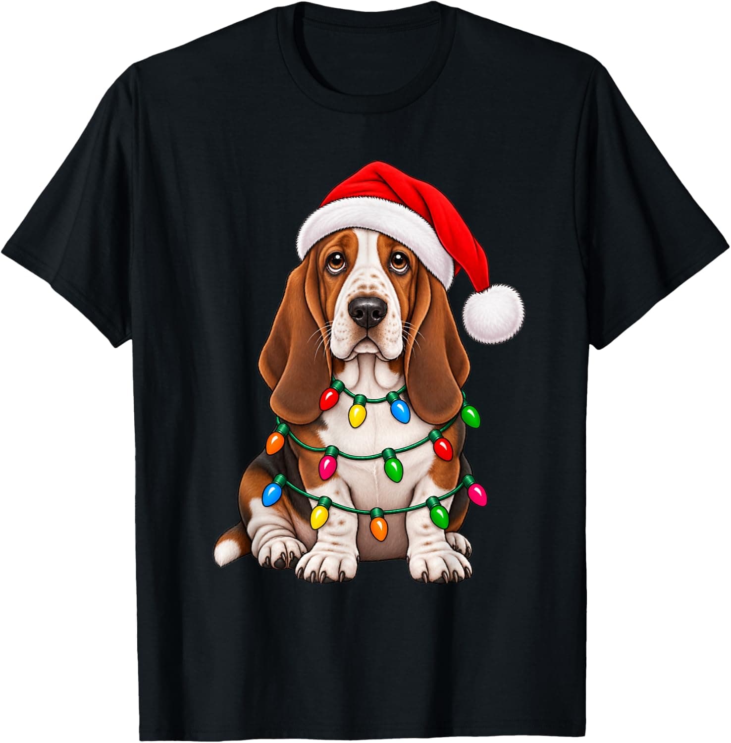 Cute Bassett Hound Santa Christmas Lights Dog Lover Xmas T-Shirt - Trending Amazon merch on demand shirt with BSR 1,934,529