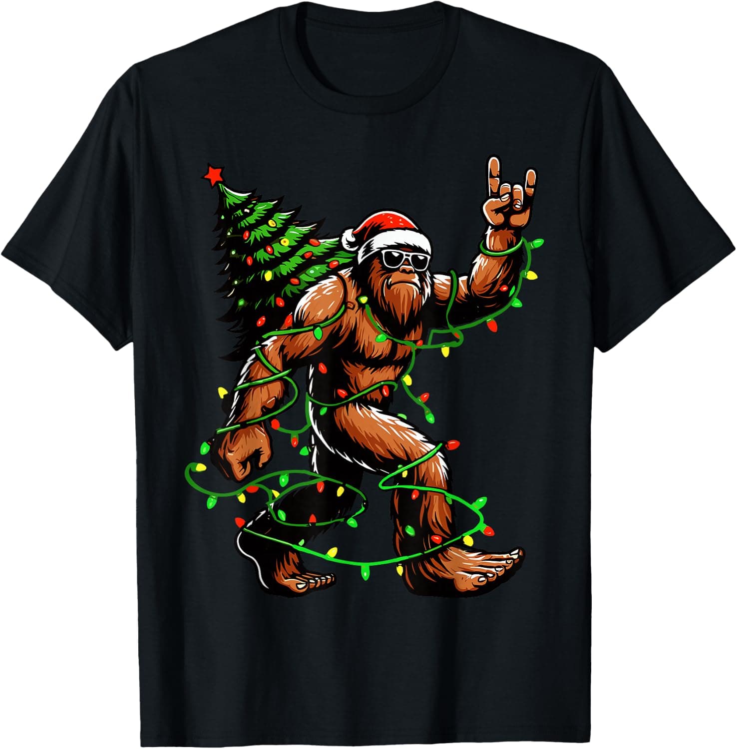 Santa Bigfoot Christmas Tree Xmas Lights Funny Sasquatch T-Shirt - Trending POD product with BSR 224,280