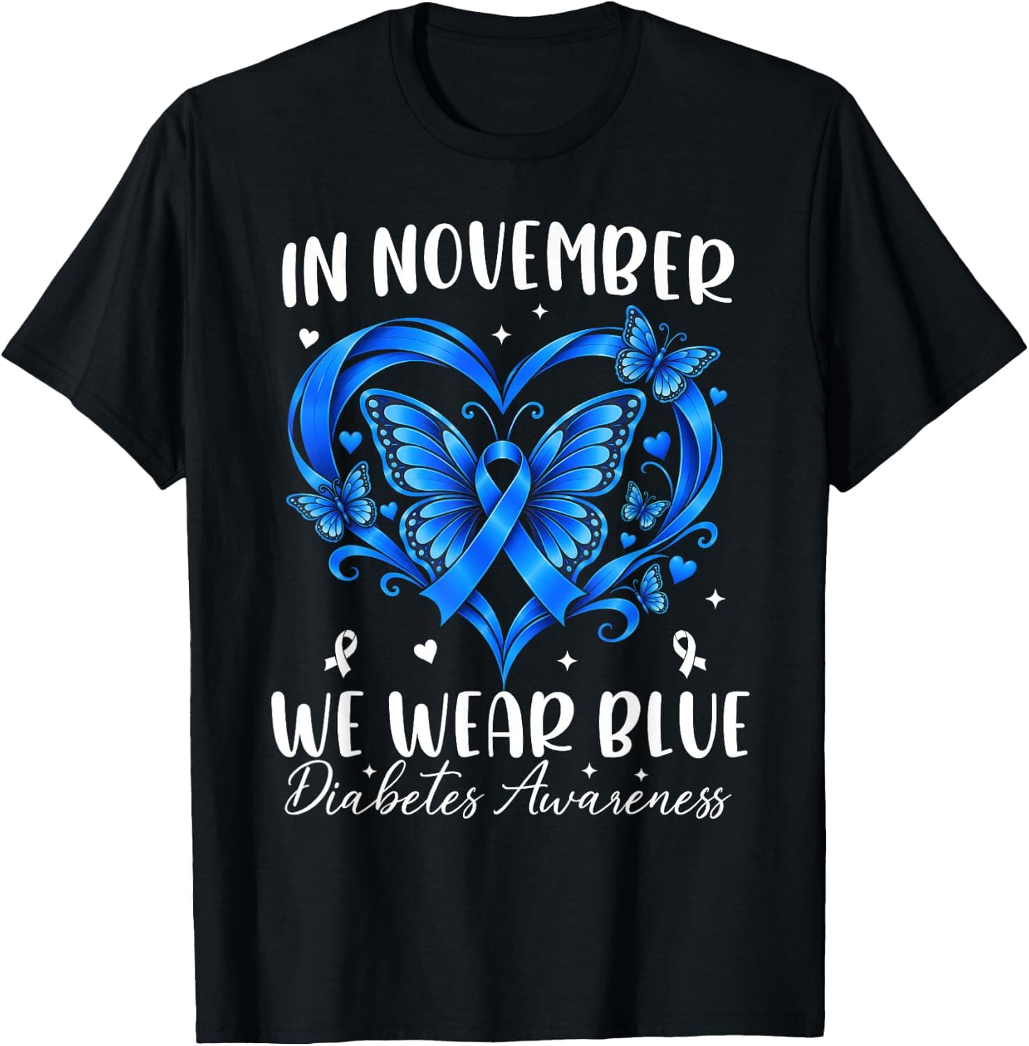 in November We Wear Blue Diabetes Awareness Butterfly Women T-Shirt - Trending Amazon merch on demand shirt with BSR 1,497,333