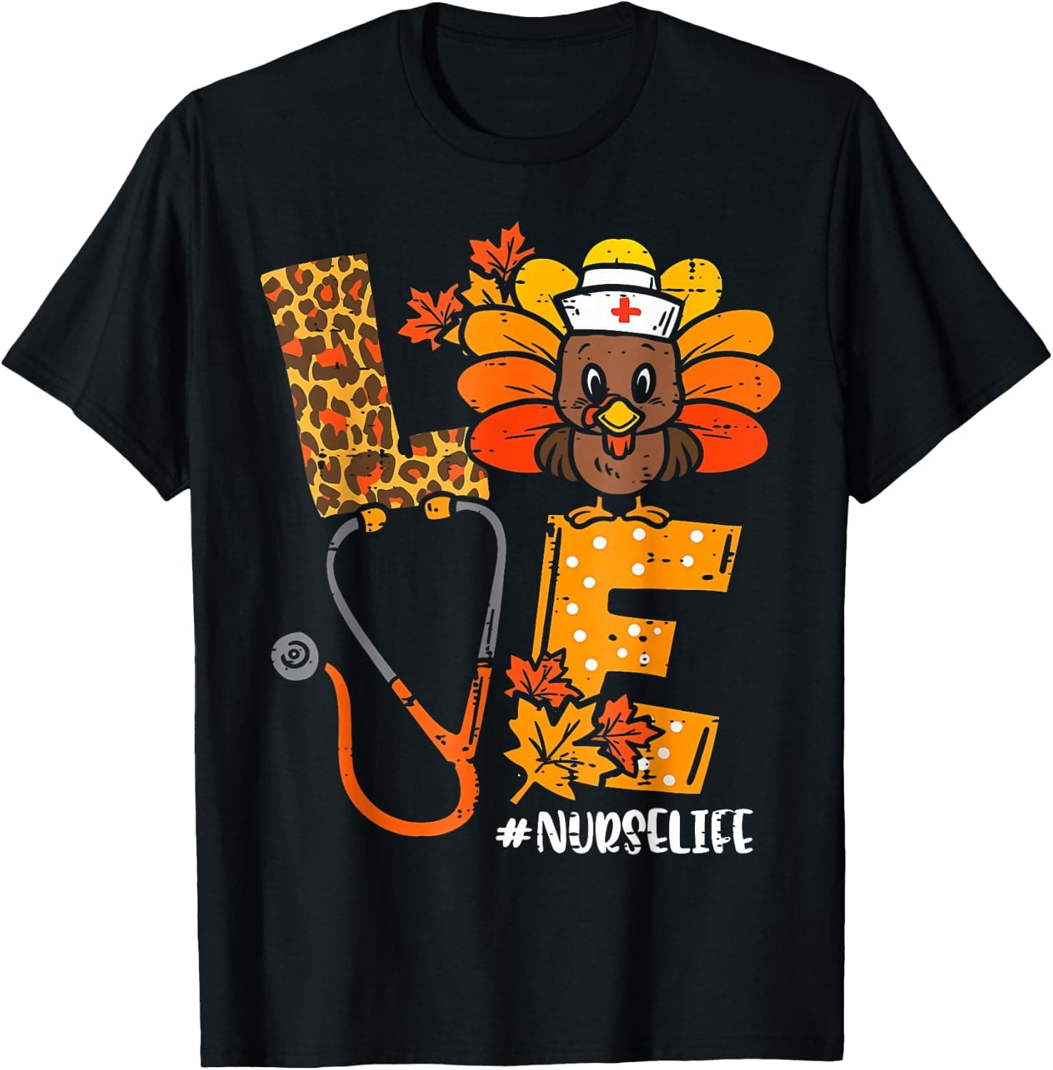 Leopard Love Turkey Nurse Thanksgiving Fall Scrub Top Women T-Shirt - Trending Amazon merch on demand shirt with BSR 2,095,811