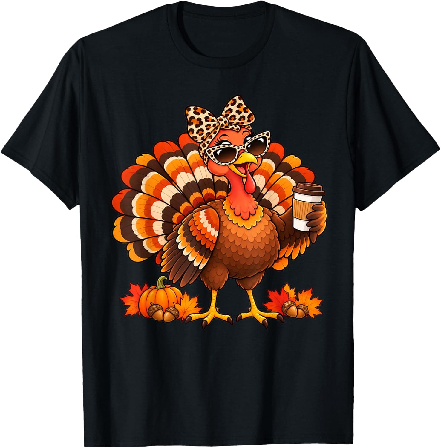 Turkey Leopard Bow Coffee Thanksgiving Fall Vibes T-Shirt - Trending Amazon merch on demand shirt with BSR 1,328,444