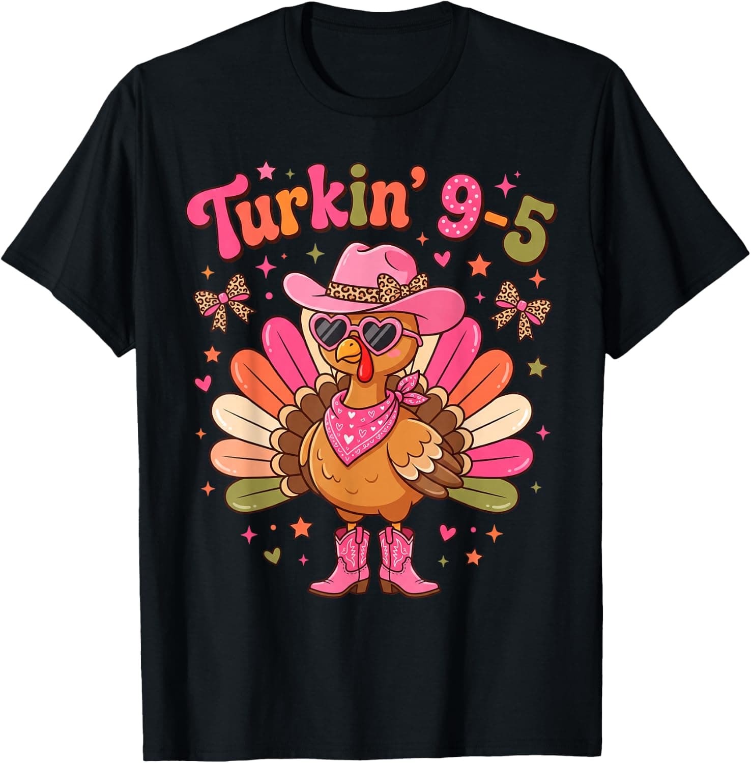 Funny Thanksgiving Cute Pink Turkey Cowgirl Turkin 9 5 Women T-Shirt - Trending Amazon merch on demand shirt with BSR 994,466