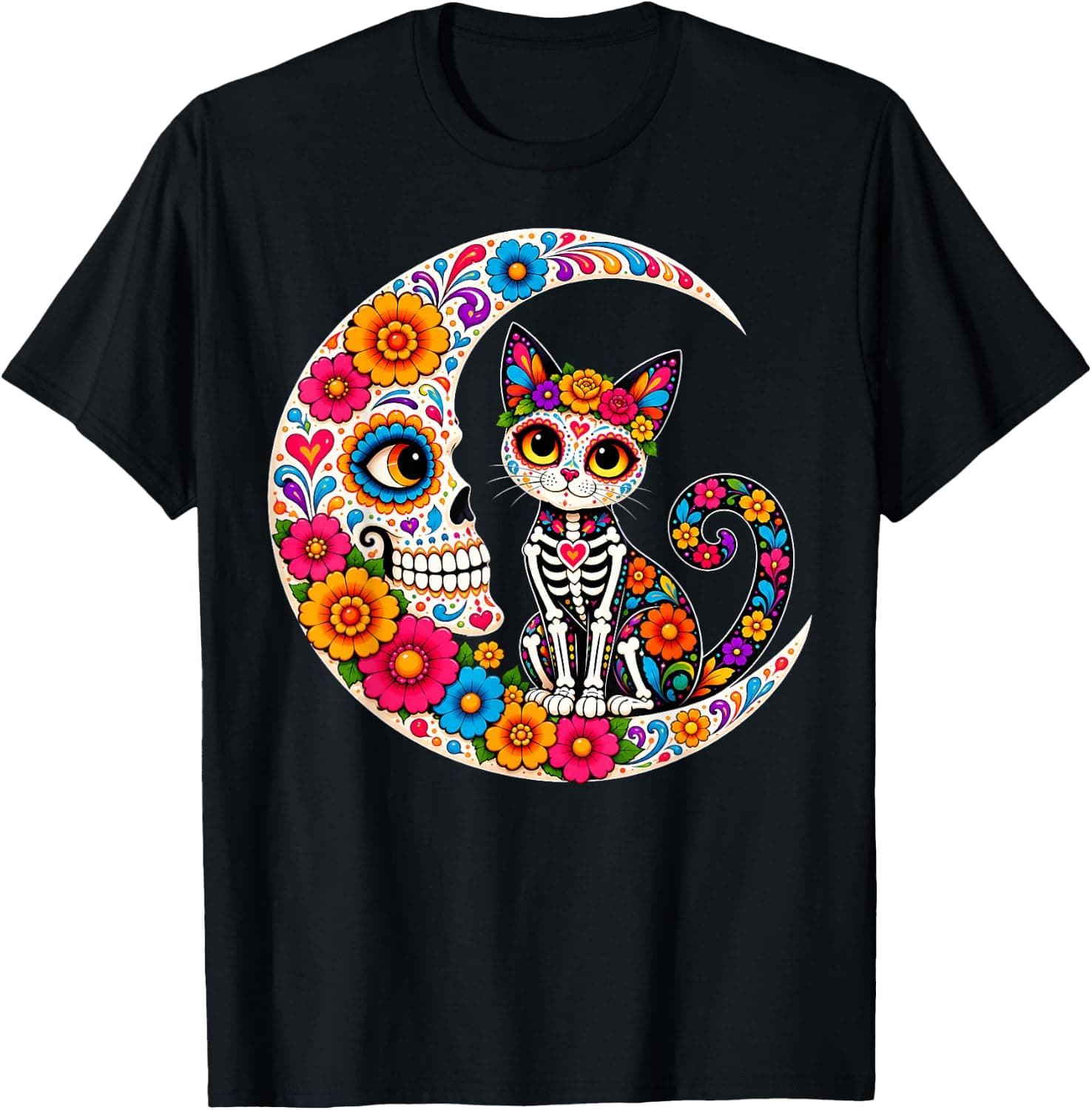 Cat Moon Sugar Skull Day of the Dead Dia de Los Muertos T-Shirt - Trending Amazon merch on demand shirt with BSR 949,101