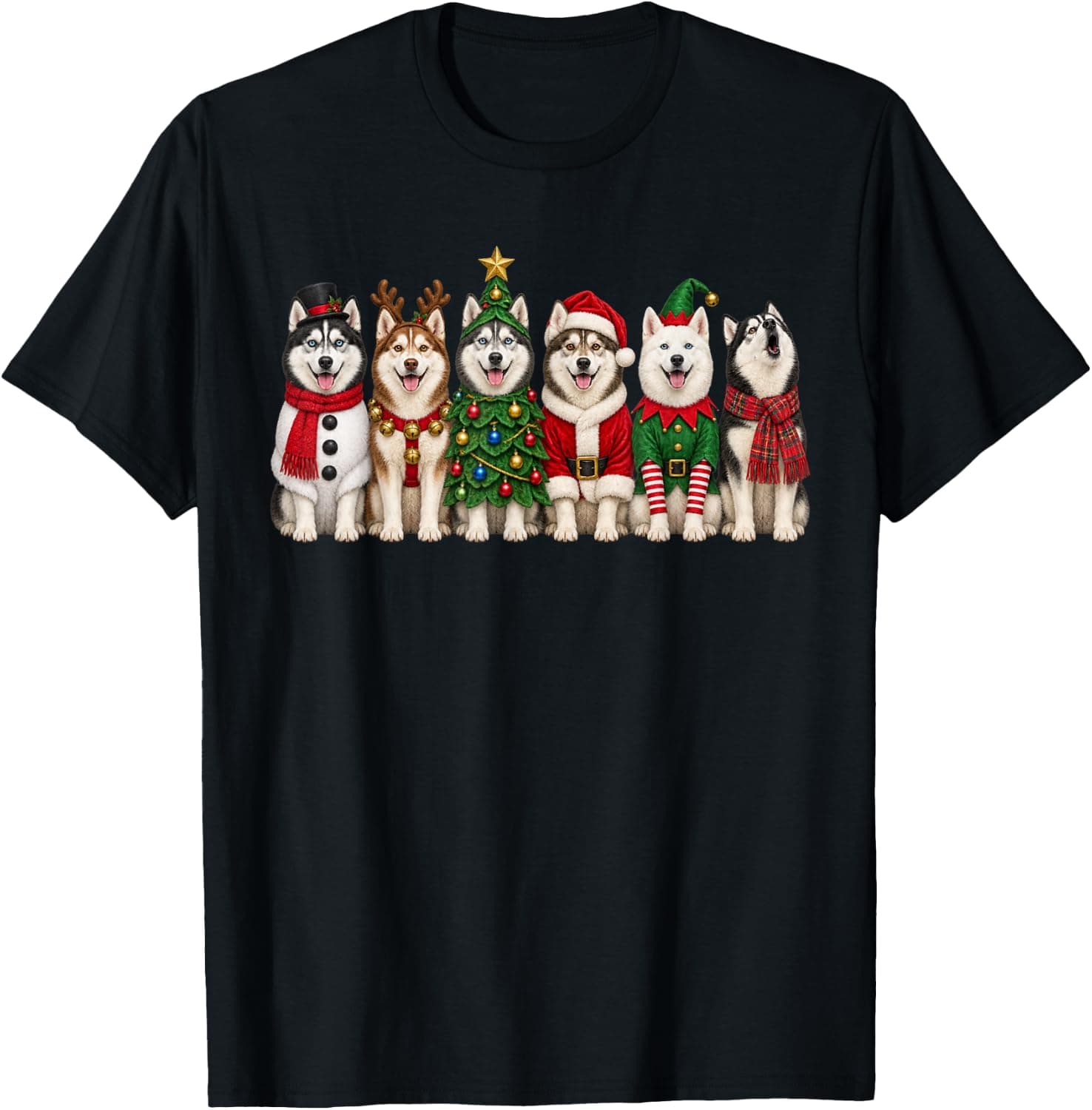 Siberian Husky Christmas Funny Dogs in Holiday Costumes T-Shirt - Trending Amazon merch on demand shirt with BSR 1,348,328