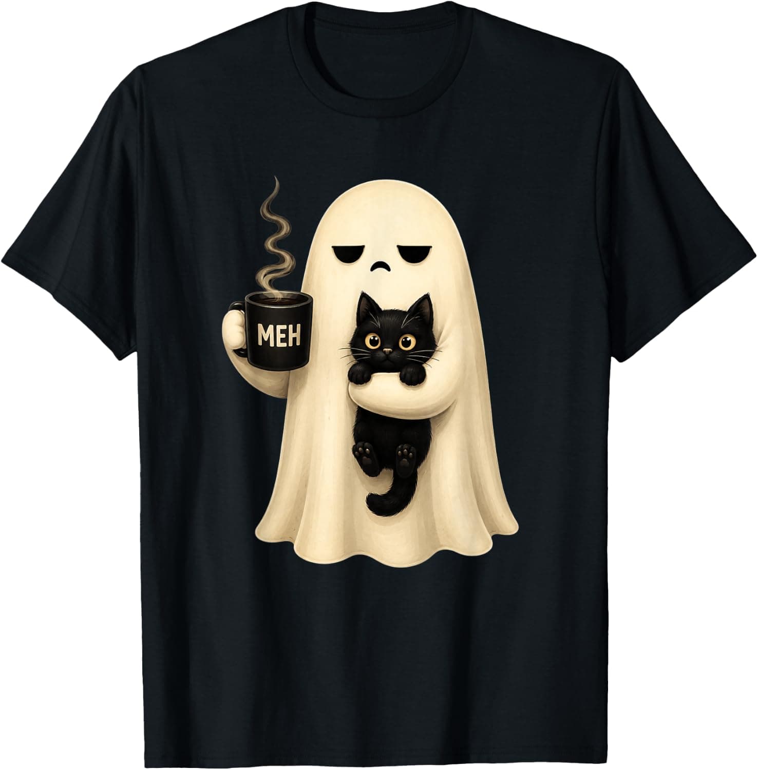 Funny Spooky Black Cat Ghost Holding Coffee Halloween T-Shirt - Trending POD product with BSR 242,350