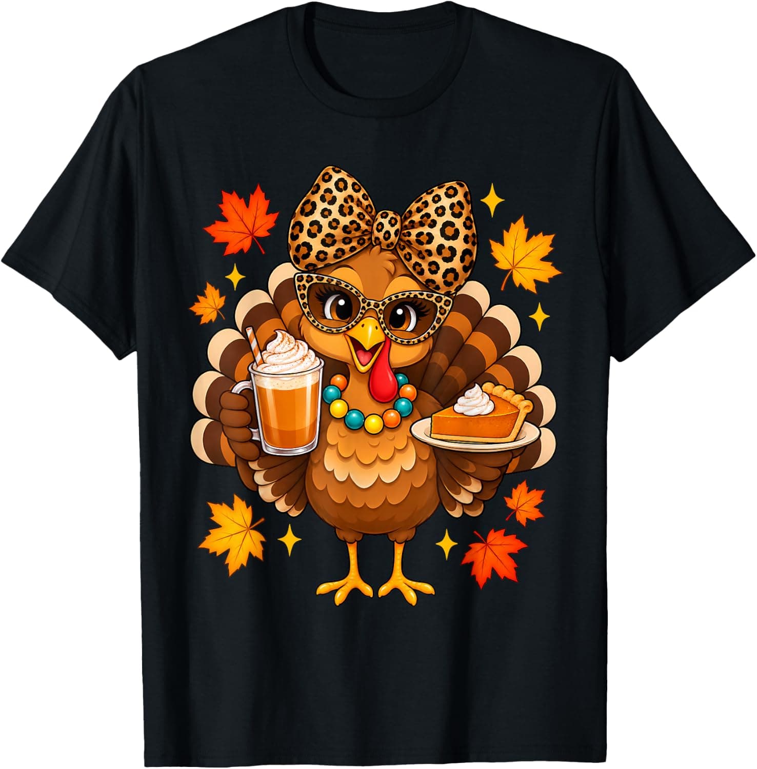 Cute Thanksgiving Turkey Leopard Bow Pumpkin Spice Pie Women T-Shirt - Trending Amazon merch on demand shirt with BSR 604,983