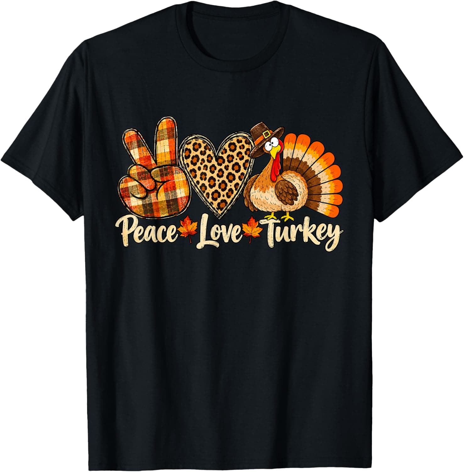 Peace Love Turkey Funny Thanksgiving Pilgrim Leopard Print T-Shirt - Trending Amazon merch on demand shirt with BSR 794,260