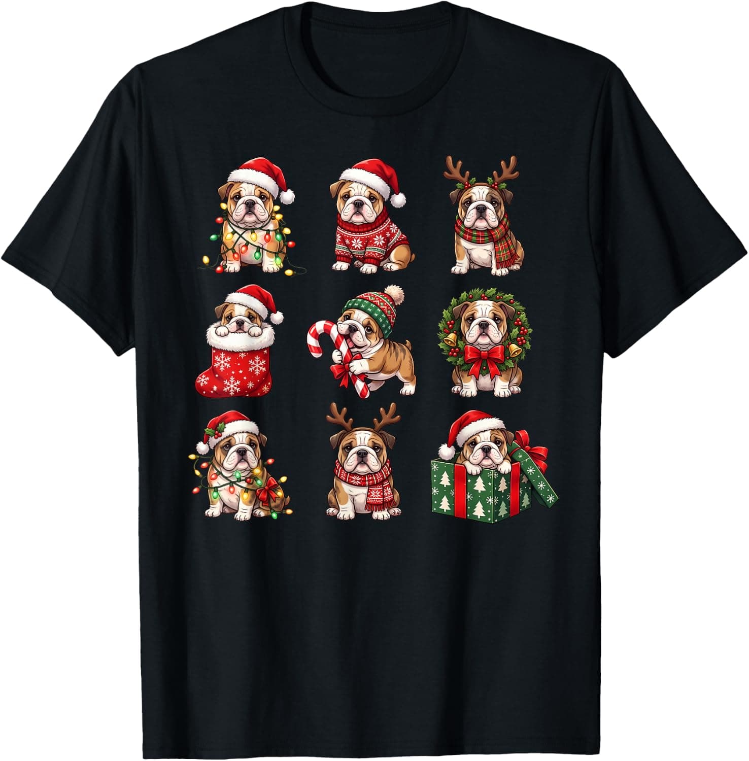Cute Christmas English Bulldog Santa Reindeer Xmas Lights T-Shirt - Trending Amazon merch on demand shirt with BSR 1,496,874