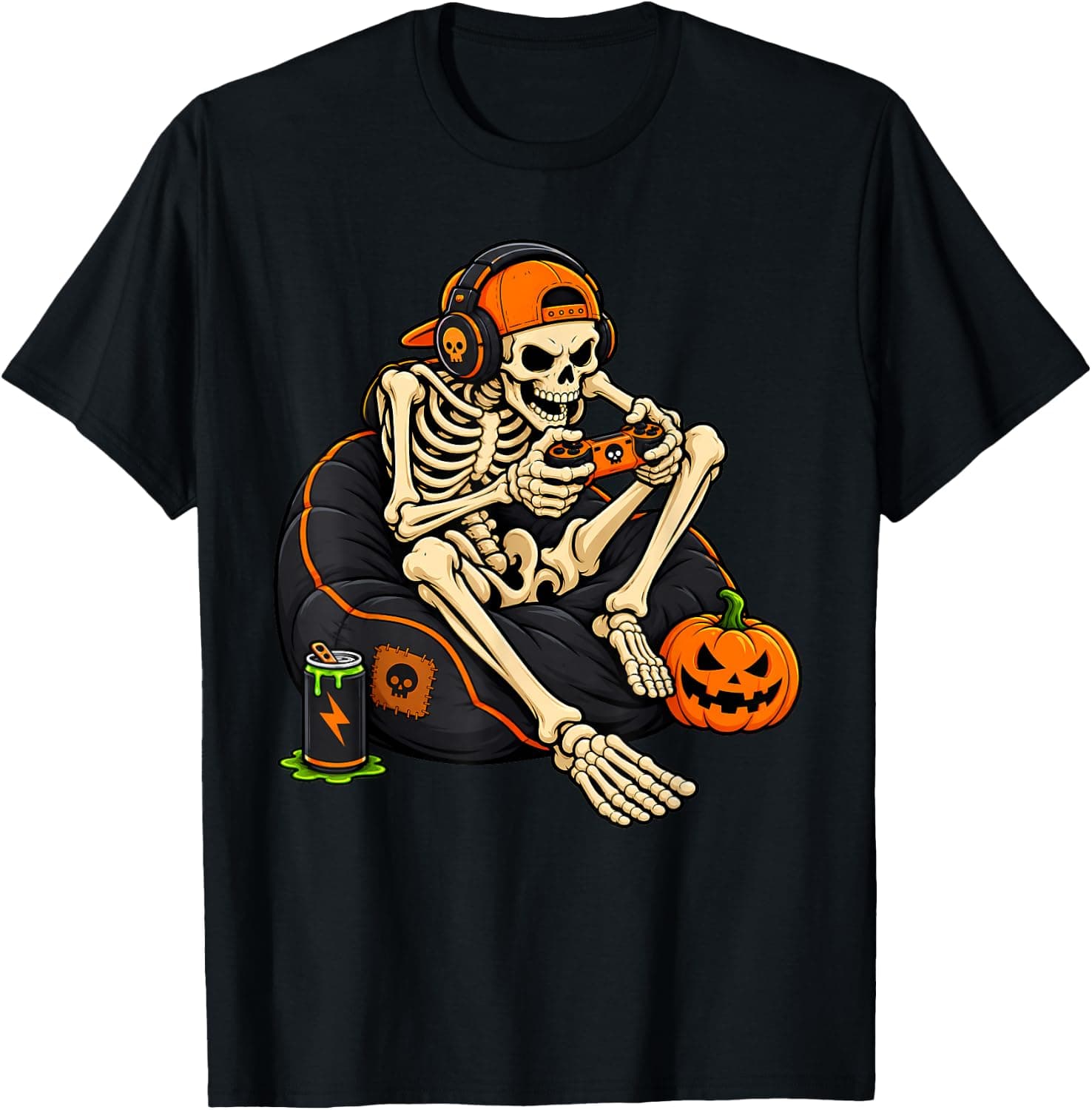 Boys Halloween Skeleton Spooky Pumpkin Gaming Gamer Men Kids T-Shirt - Trending POD product with BSR 347,731