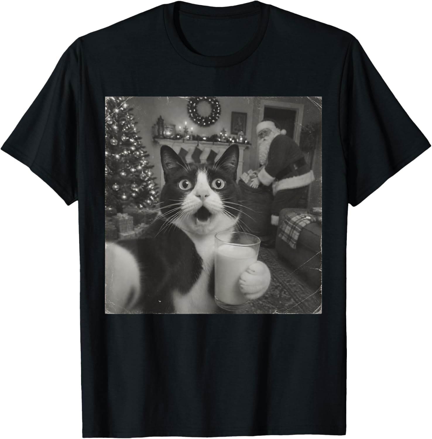 Vintage Tuxedo Cat Selfie with Santa Funny Christmas T-Shirt - Trending Amazon merch on demand shirt with BSR 1,501,963