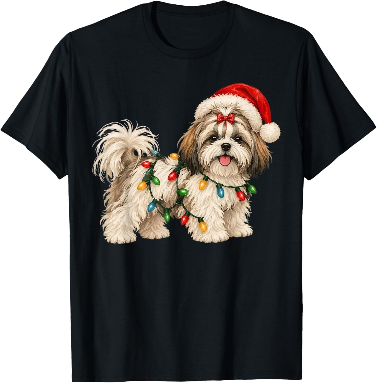Shih Tzu Dog Christmas Santa Hat Tree Lights T-Shirt - Trending Amazon merch on demand shirt with BSR 776,940