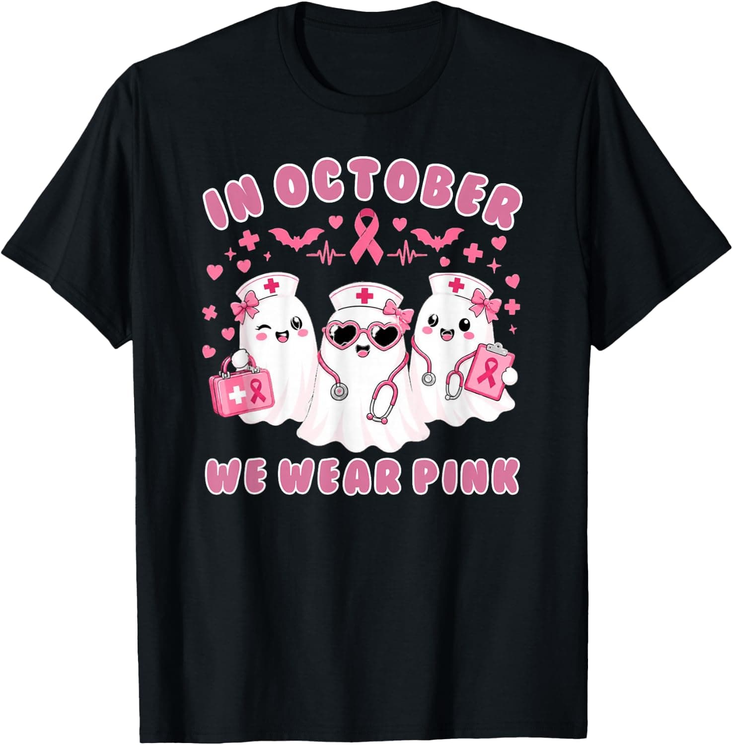in October We Wear Pink Ghost Nurse Squad Halloween Pink T-Shirt - Trending Amazon merch on demand shirt with BSR 513,211