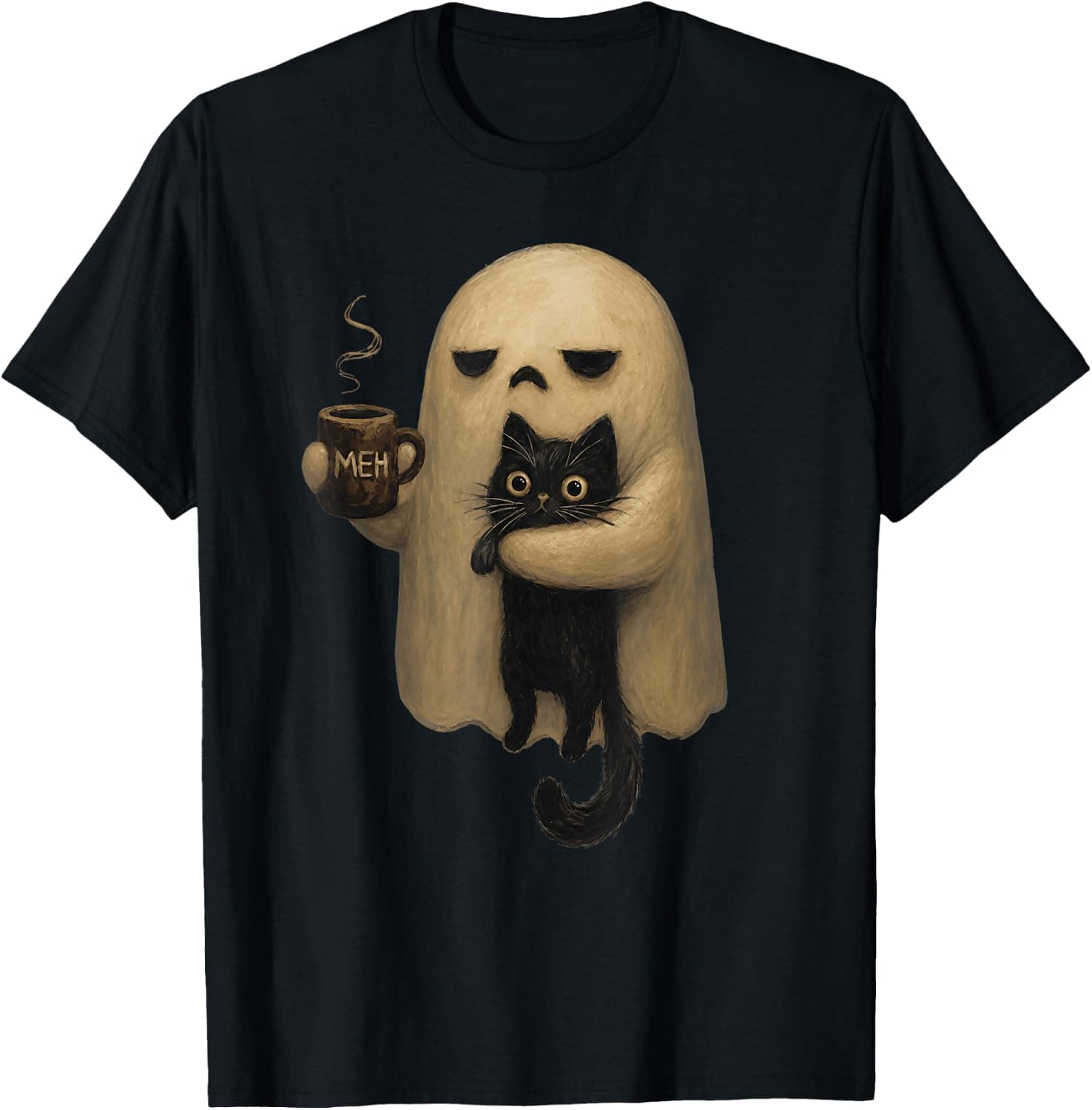 Spooky Ghost Holding Black Cat Coffee Lover Funny Halloween T-Shirt - Trending POD product with BSR 222,071